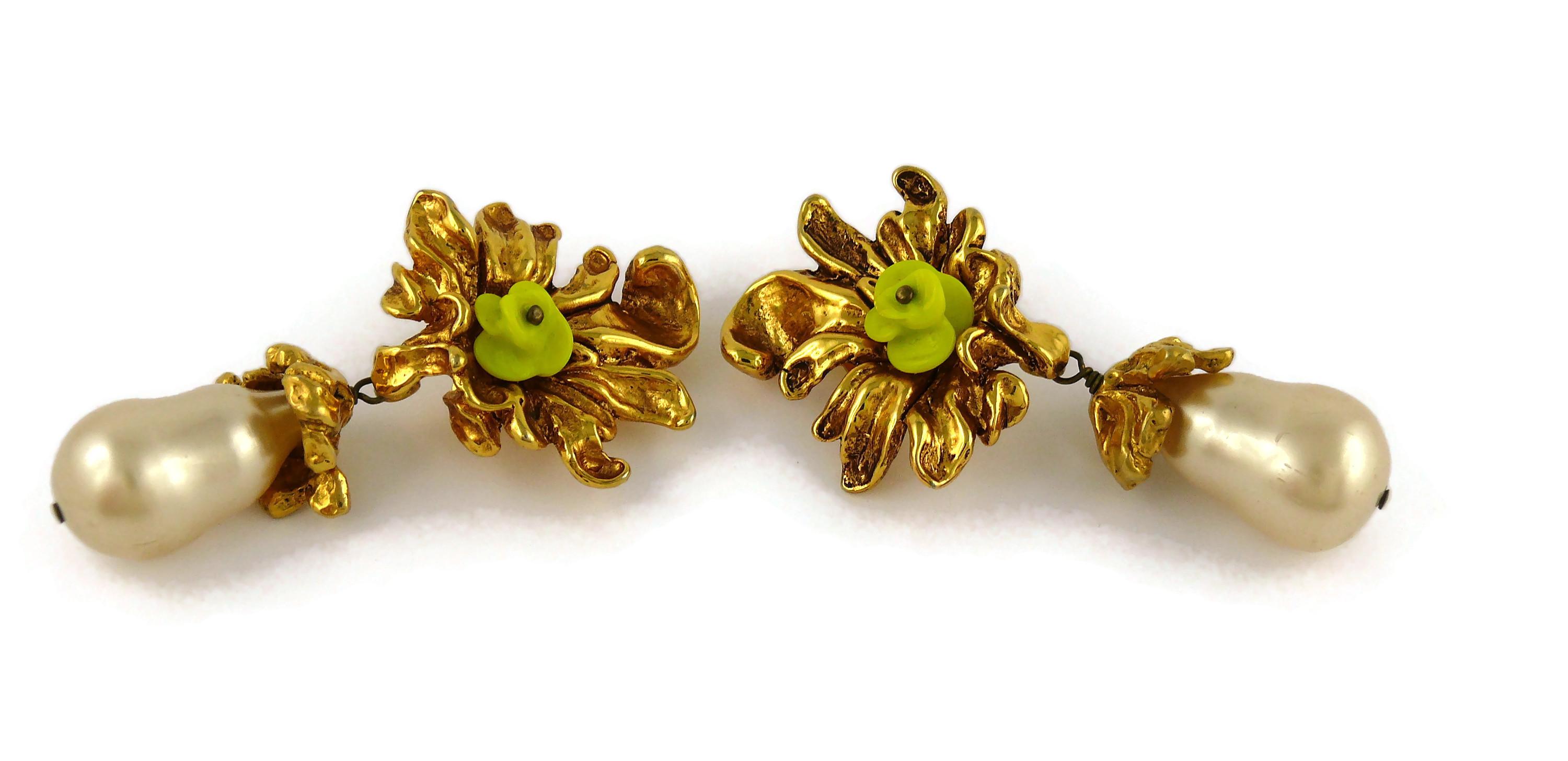 Women's Christian Lacroix Vintage Gold Toned Flower Pearl Teardrop Dangling Earrings