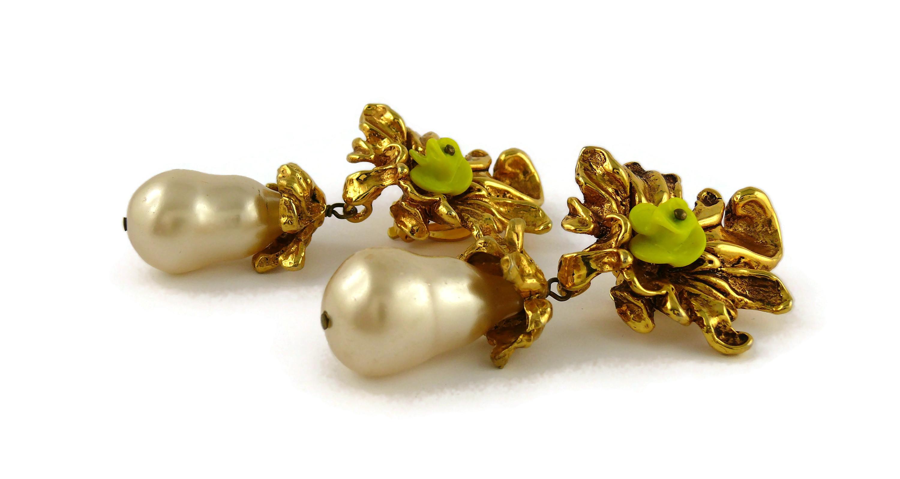 Christian Lacroix Vintage Gold Toned Flower Pearl Teardrop Dangling Earrings 3