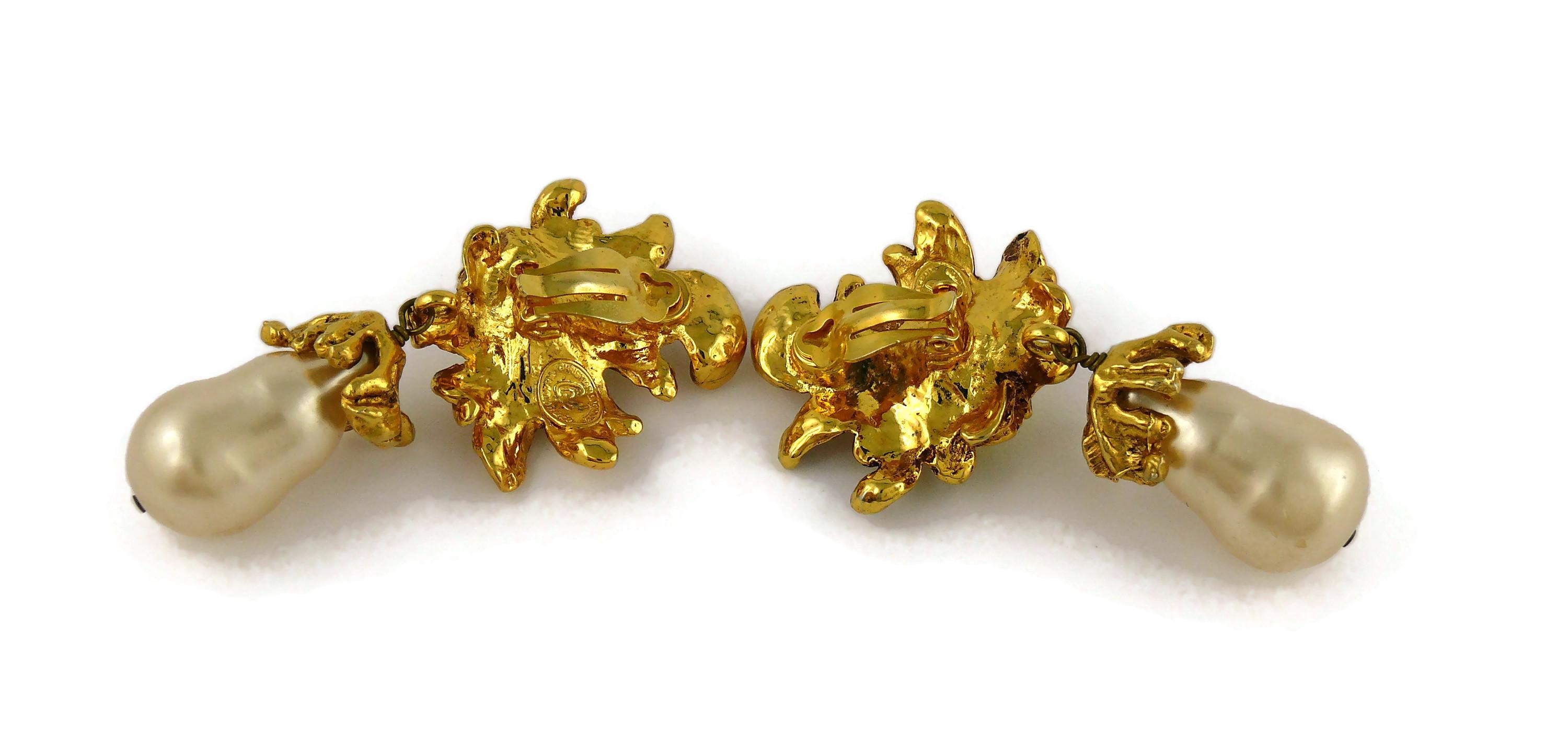 Christian Lacroix Vintage Gold Toned Flower Pearl Teardrop Dangling Earrings 4