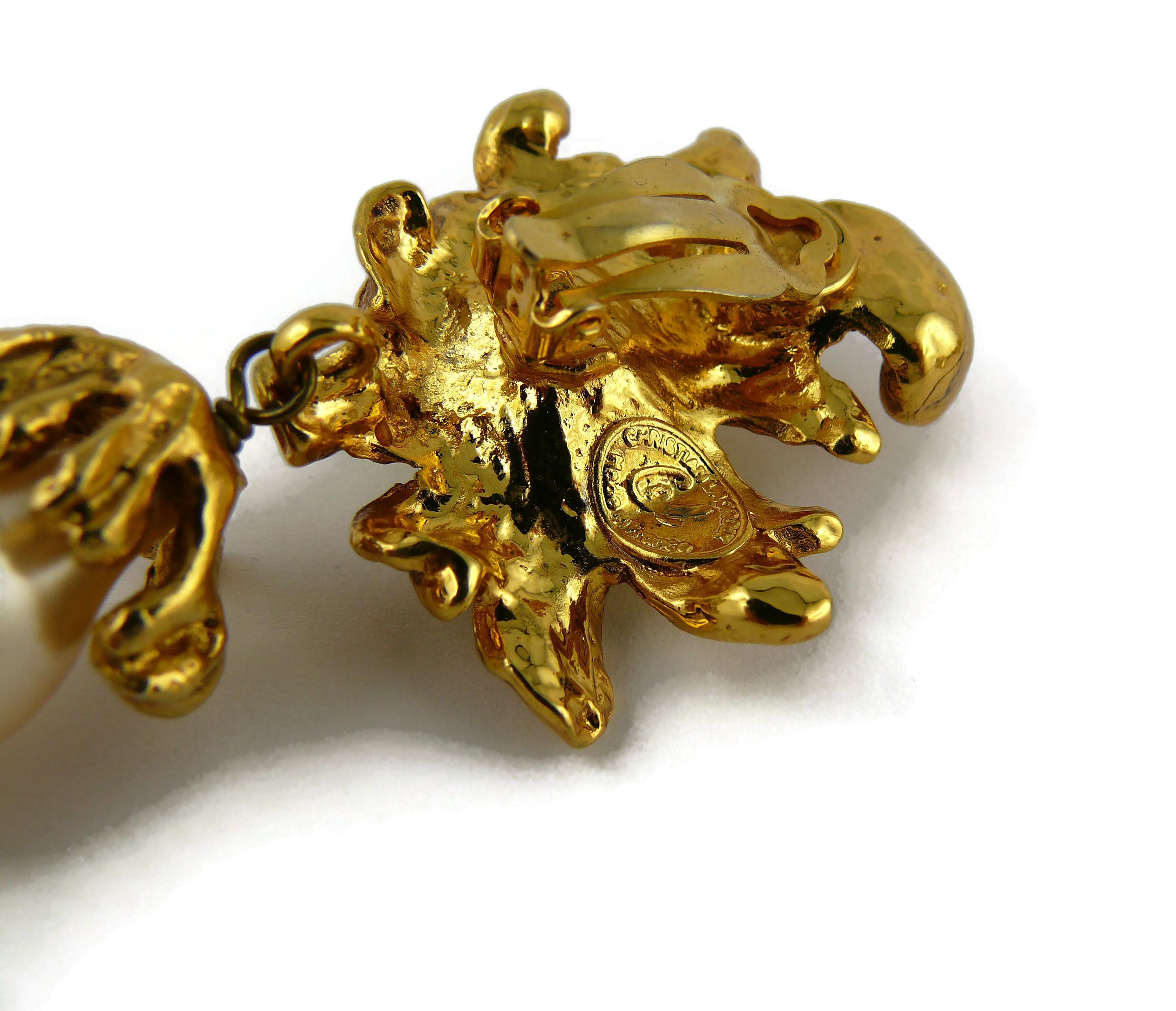 Christian Lacroix Vintage Gold Toned Flower Pearl Teardrop Dangling Earrings 5