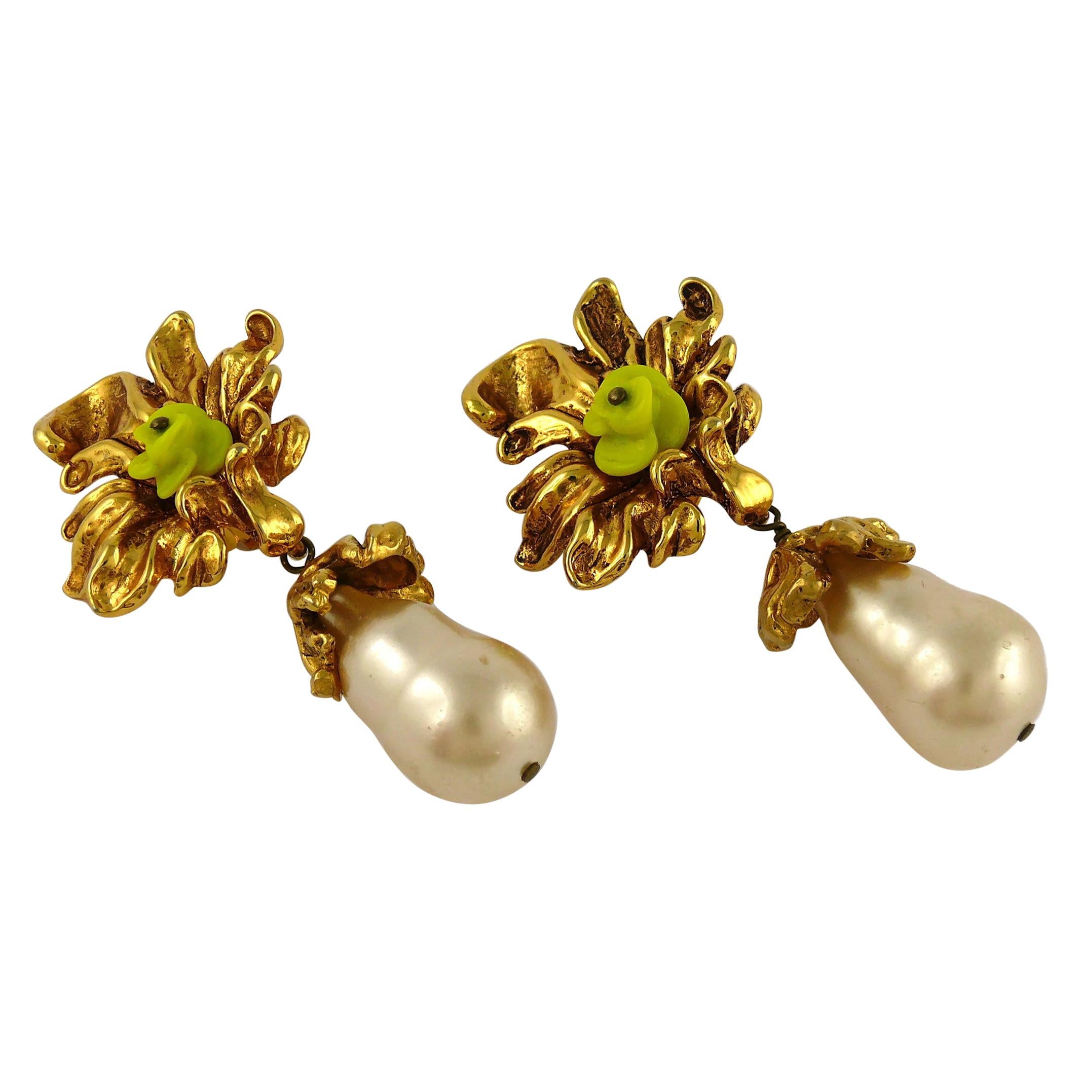 Christian Lacroix Vintage Gold Toned Flower Pearl Teardrop Dangling Earrings