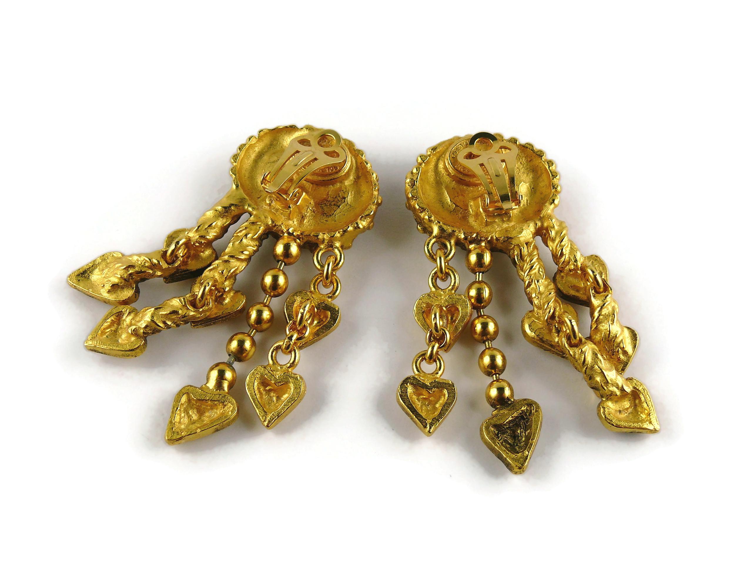 Women's Christian Lacroix Vintage Gold Toned Heart Charms Dangling Earrings For Sale