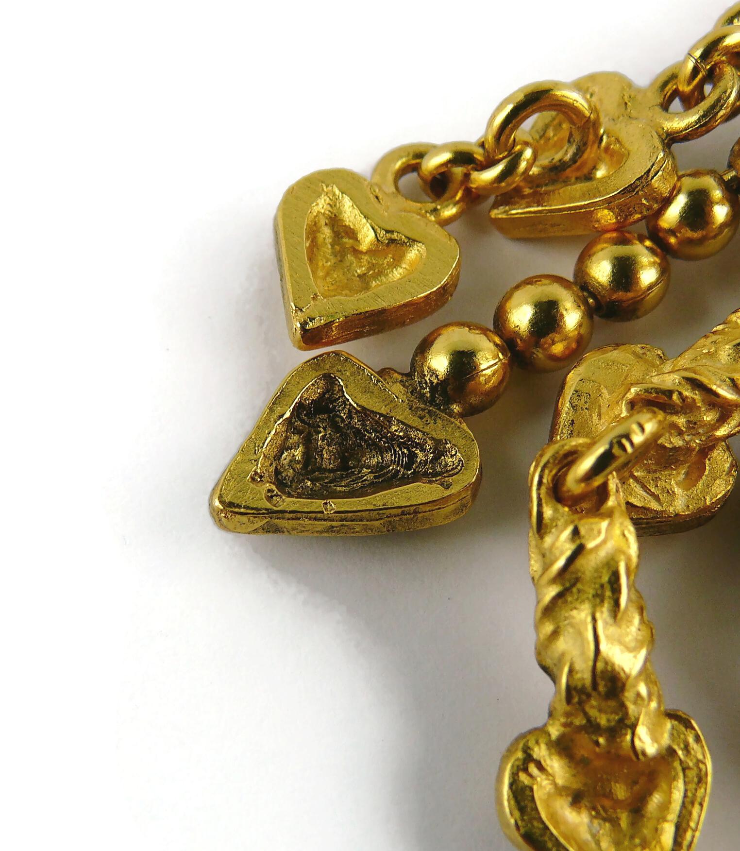 Christian Lacroix Vintage Gold Toned Heart Charms Dangling Earrings For Sale 3