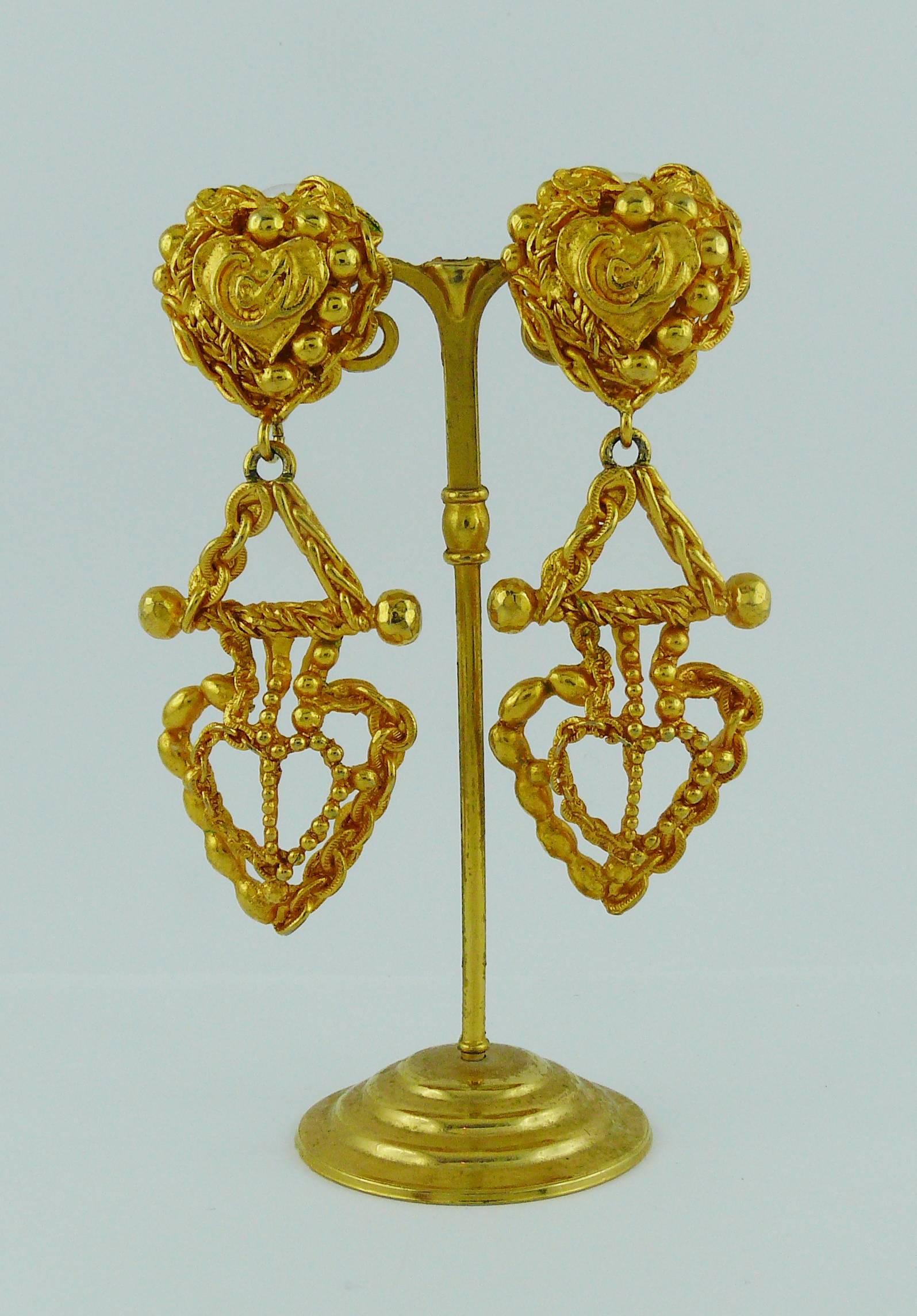Christian Lacroix Vintage Gold Toned Heart Dangling Earrings 1