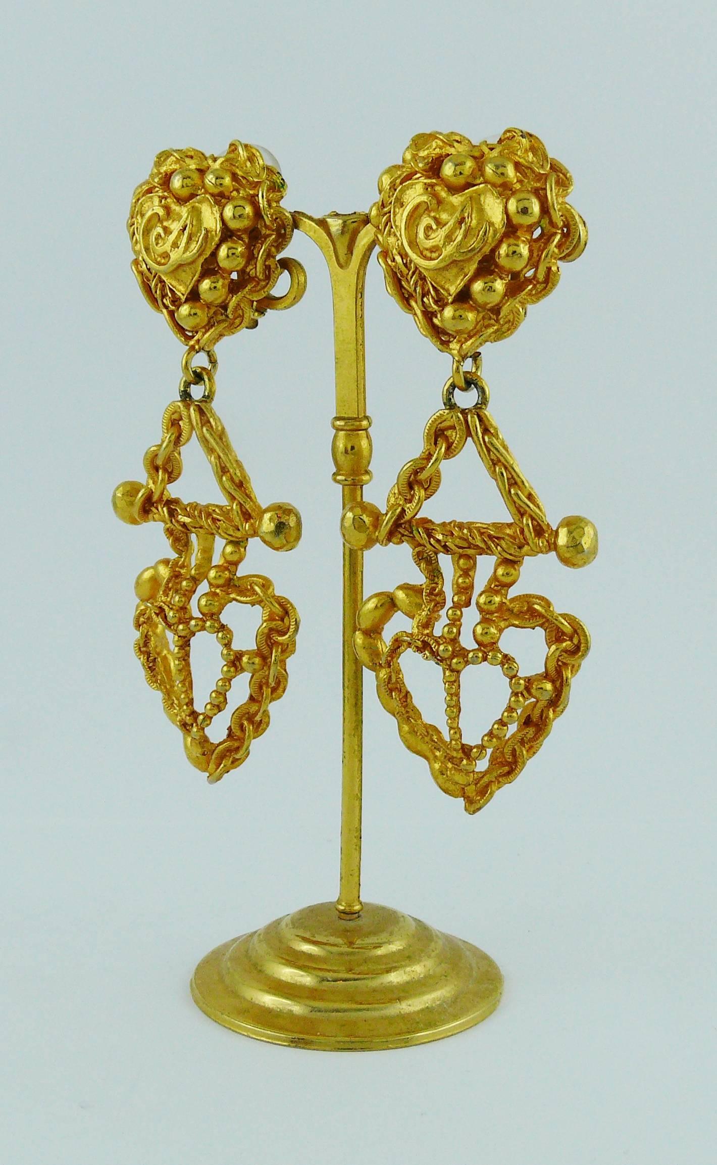 Christian Lacroix Vintage Gold Toned Heart Dangling Earrings 2