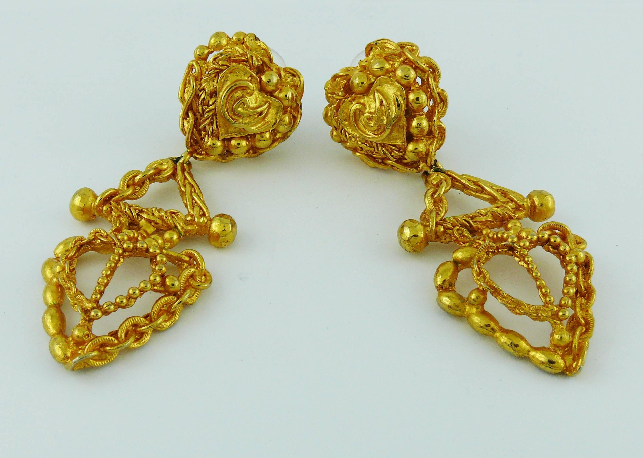 Christian Lacroix Vintage Gold Toned Heart Dangling Earrings 3