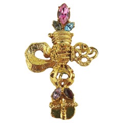 Christian Lacroix Vintage Gold Toned Jewelled Baroque Cross Dangle Pendant