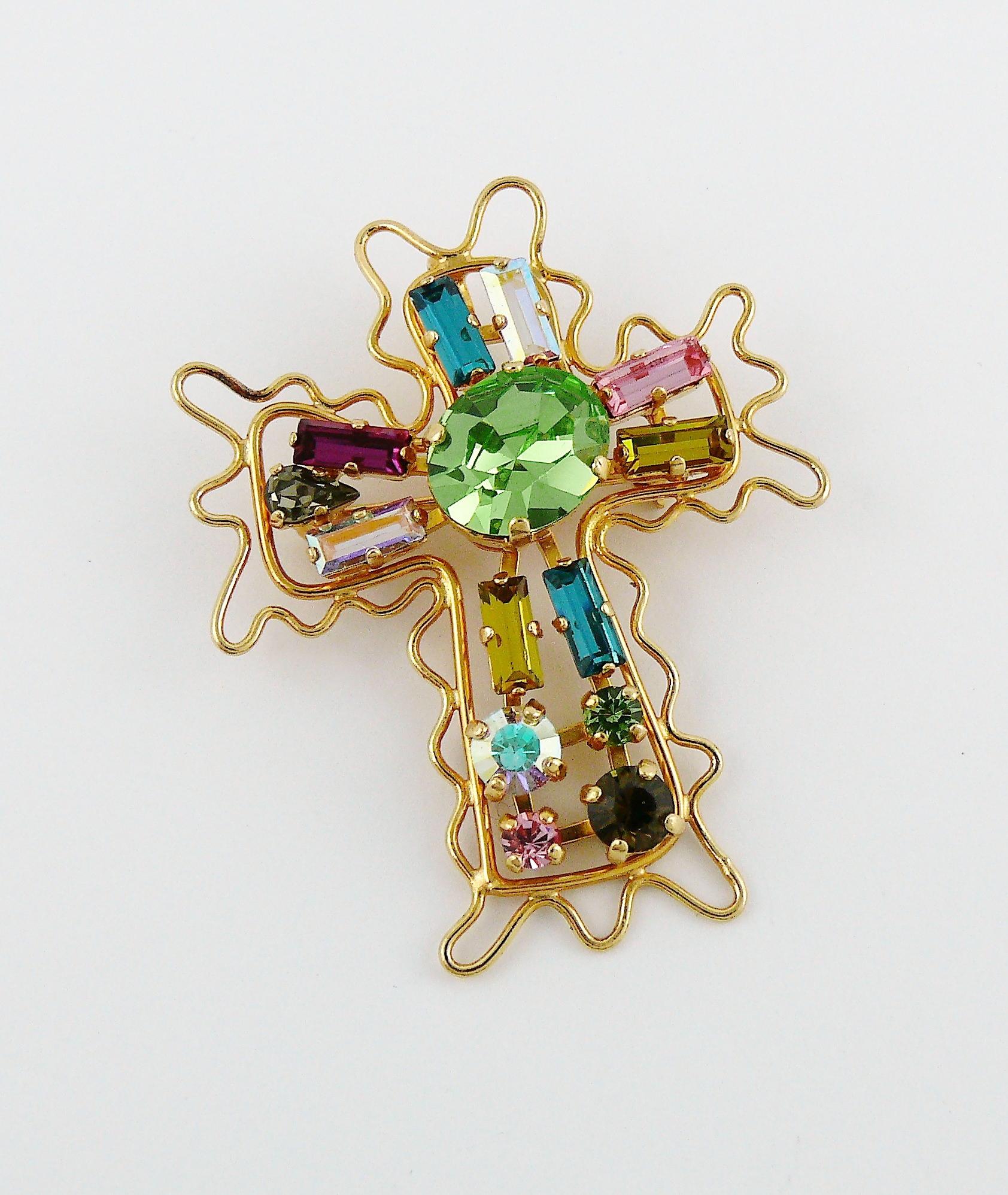 Women's Christian Lacroix Vintage Gold Toned Jewelled Cross Brooch Pendant