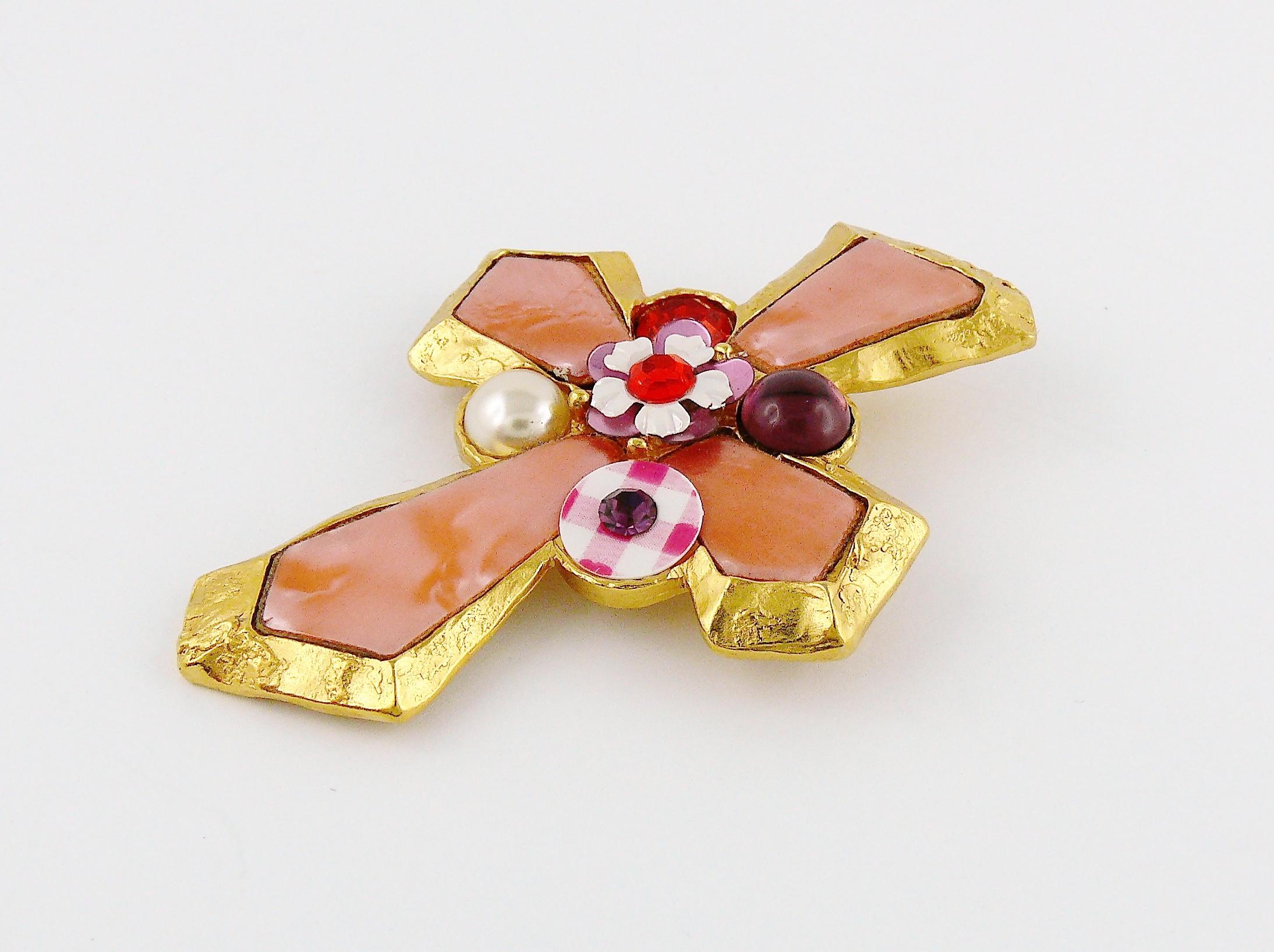 Women's Christian Lacroix Vintage Gold Toned Jewelled Cross Brooch Pendant