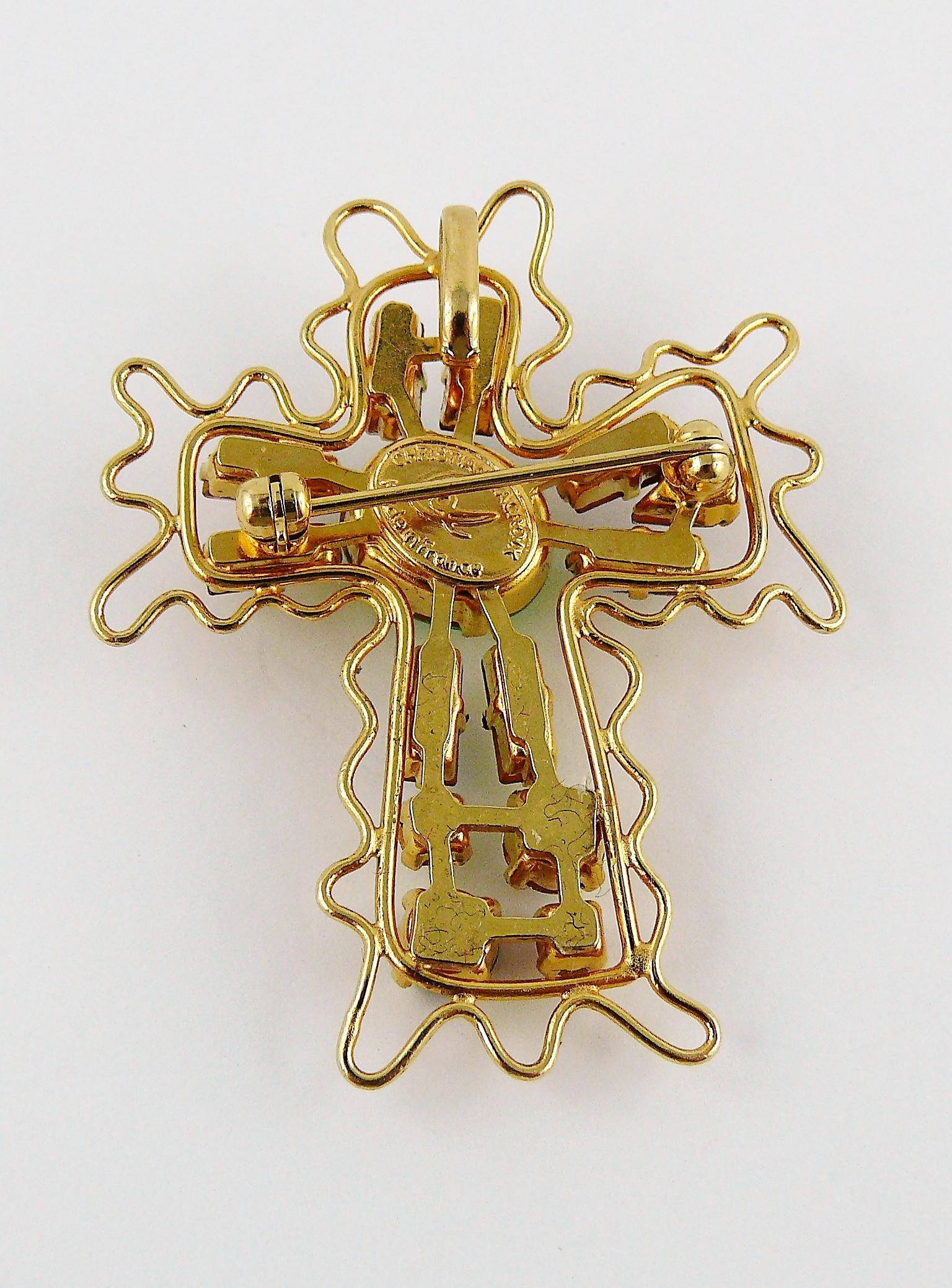 Christian Lacroix Vintage Gold Toned Jewelled Cross Brooch Pendant 2
