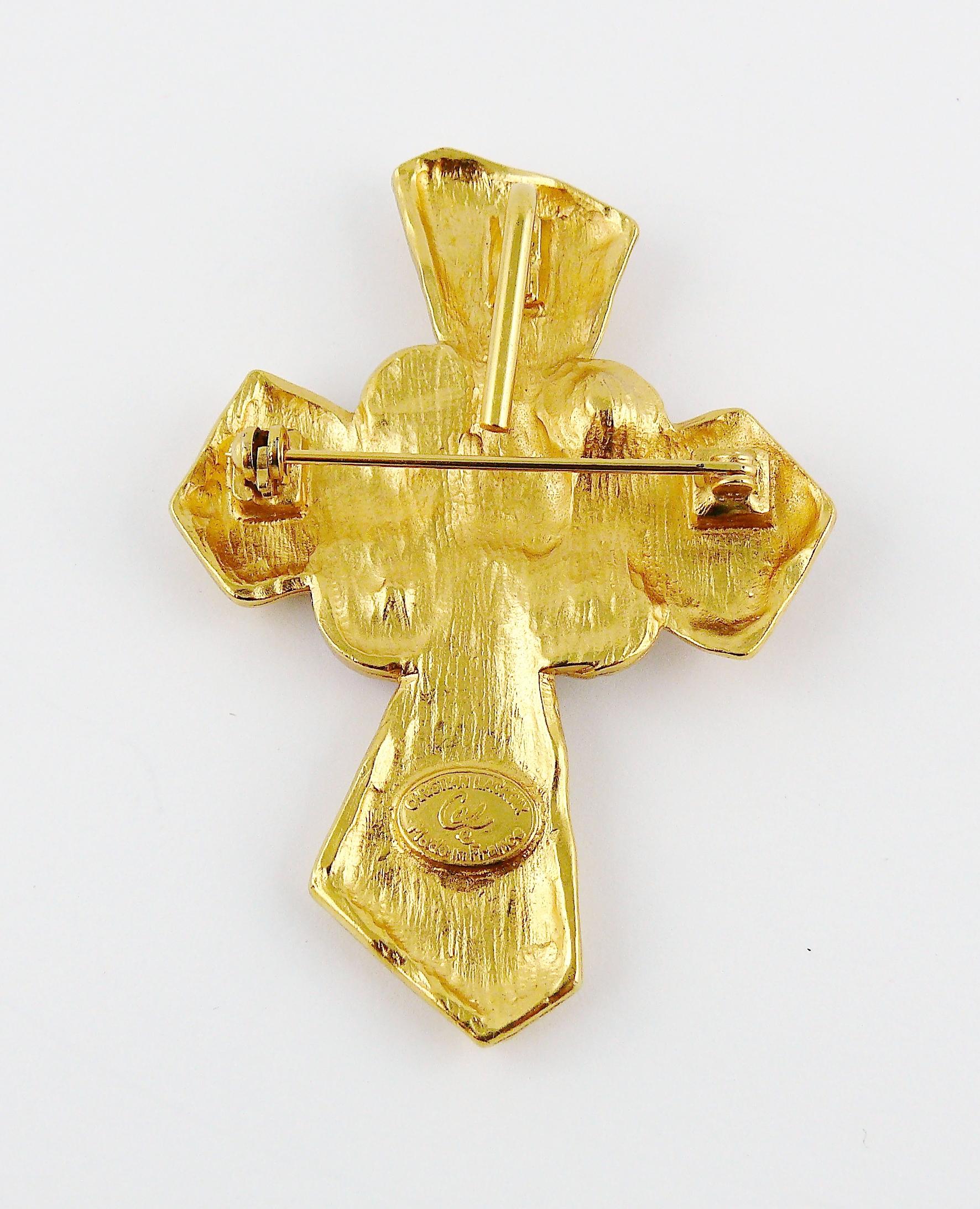 Christian Lacroix Vintage Gold Toned Jewelled Cross Brooch Pendant 3