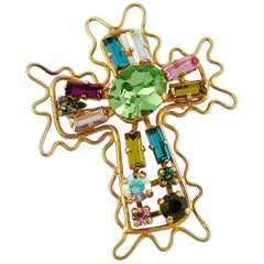 Christian Lacroix Vintage Gold Toned Jewelled Cross Brooch Pendant