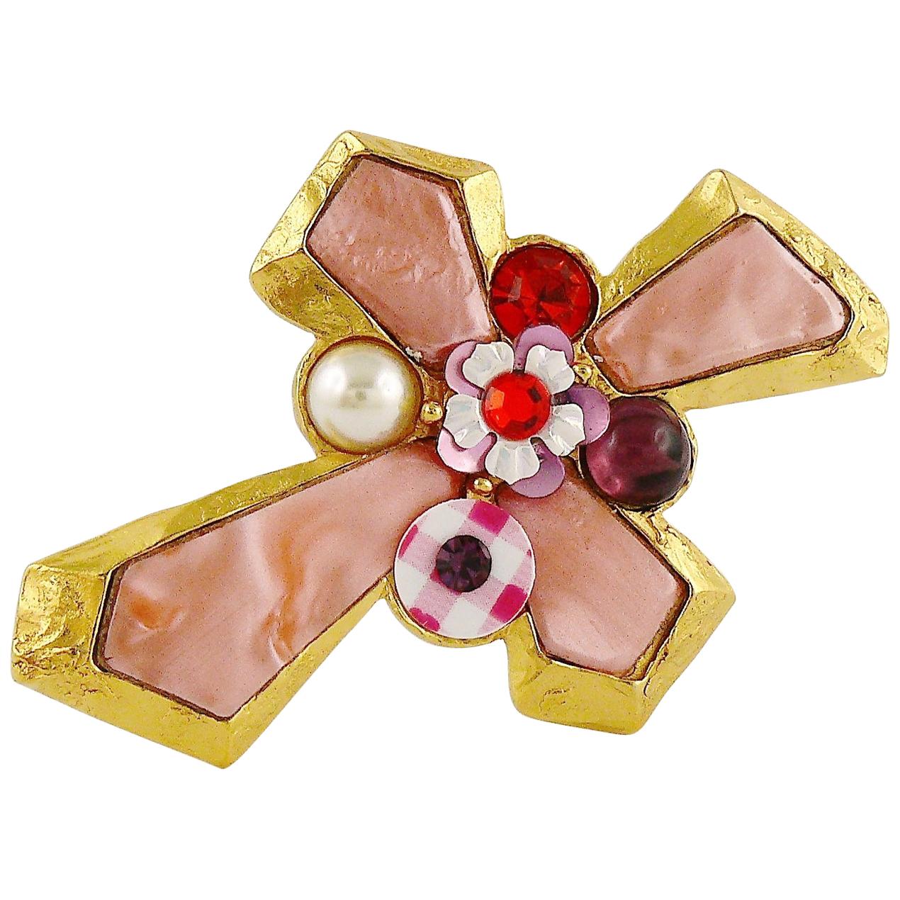 Christian Lacroix Vintage Gold Toned Jewelled Cross Brooch Pendant