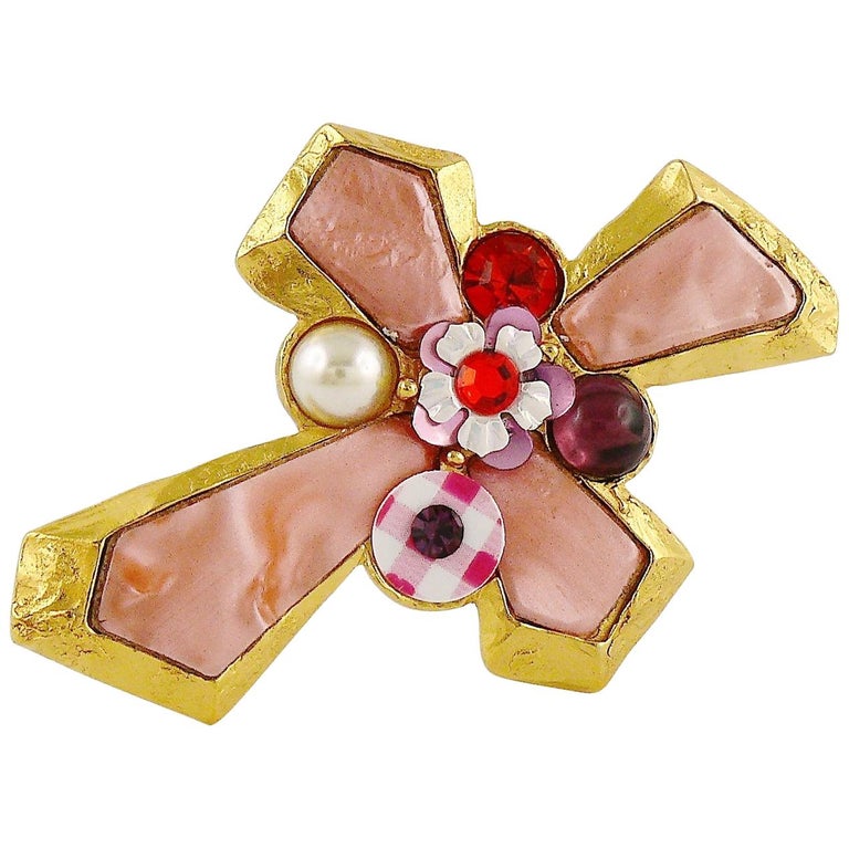 Christian Lacroix Vintage Gold Toned Jewelled Cross Brooch Pendant For Sale at 1stdibs