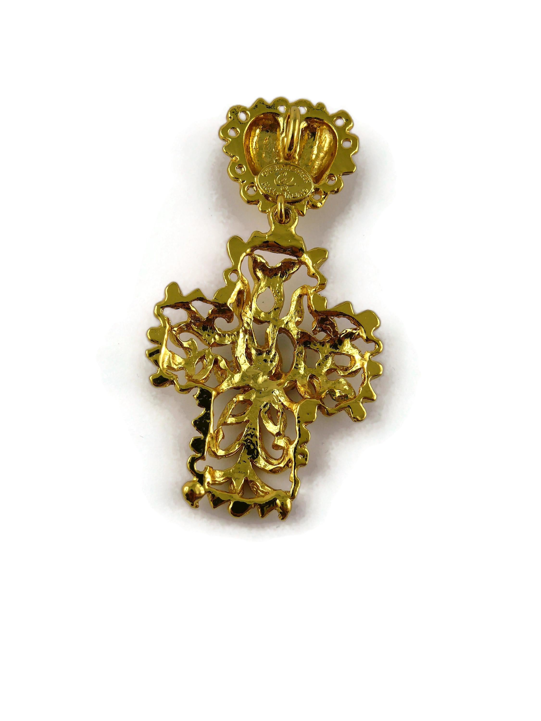 Christian Lacroix Vintage Gold Toned Jewelled Cross Pendant 3