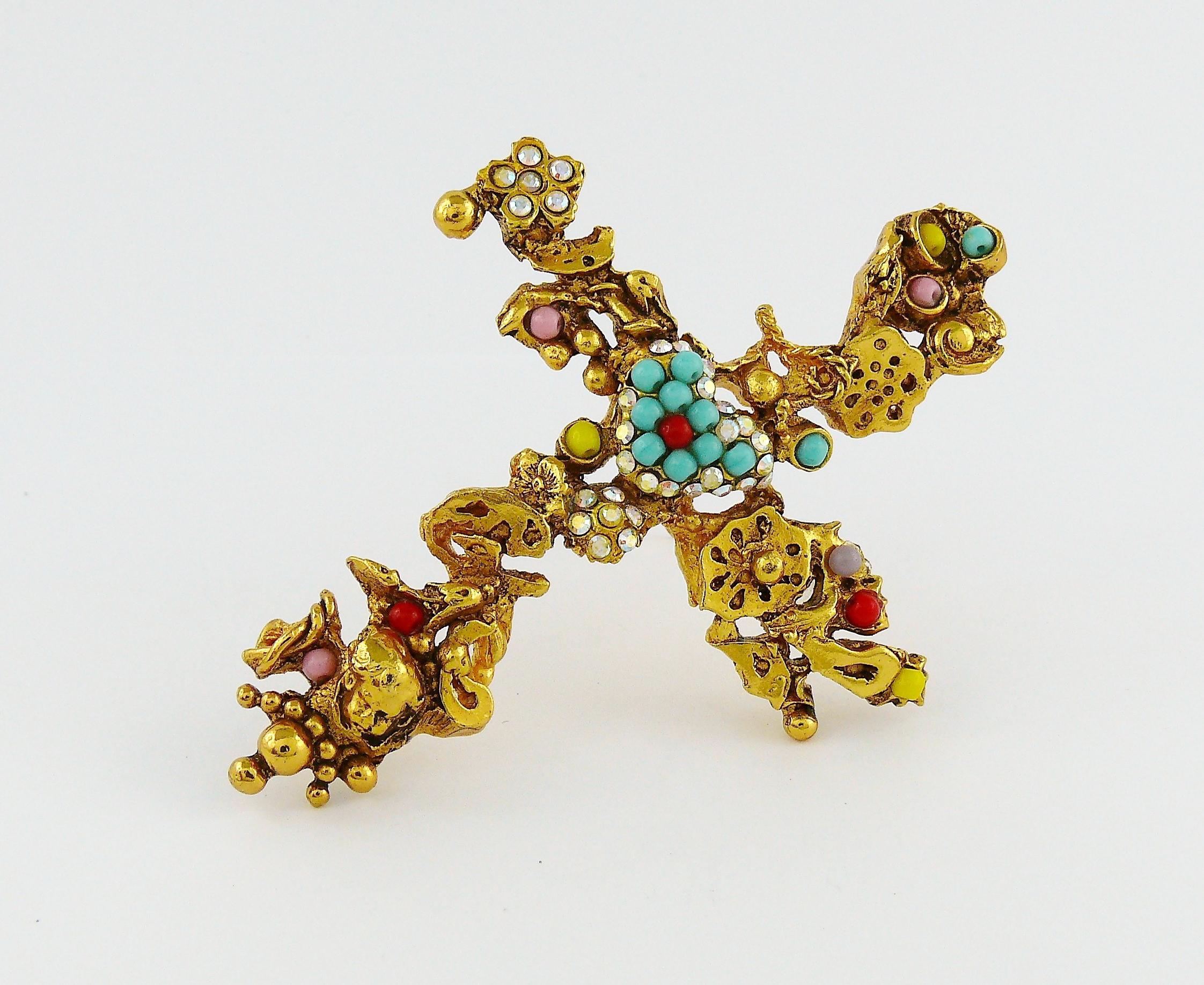Christian Lacroix Vintage Gold Toned Jewelled Cross Pendant Necklace 6