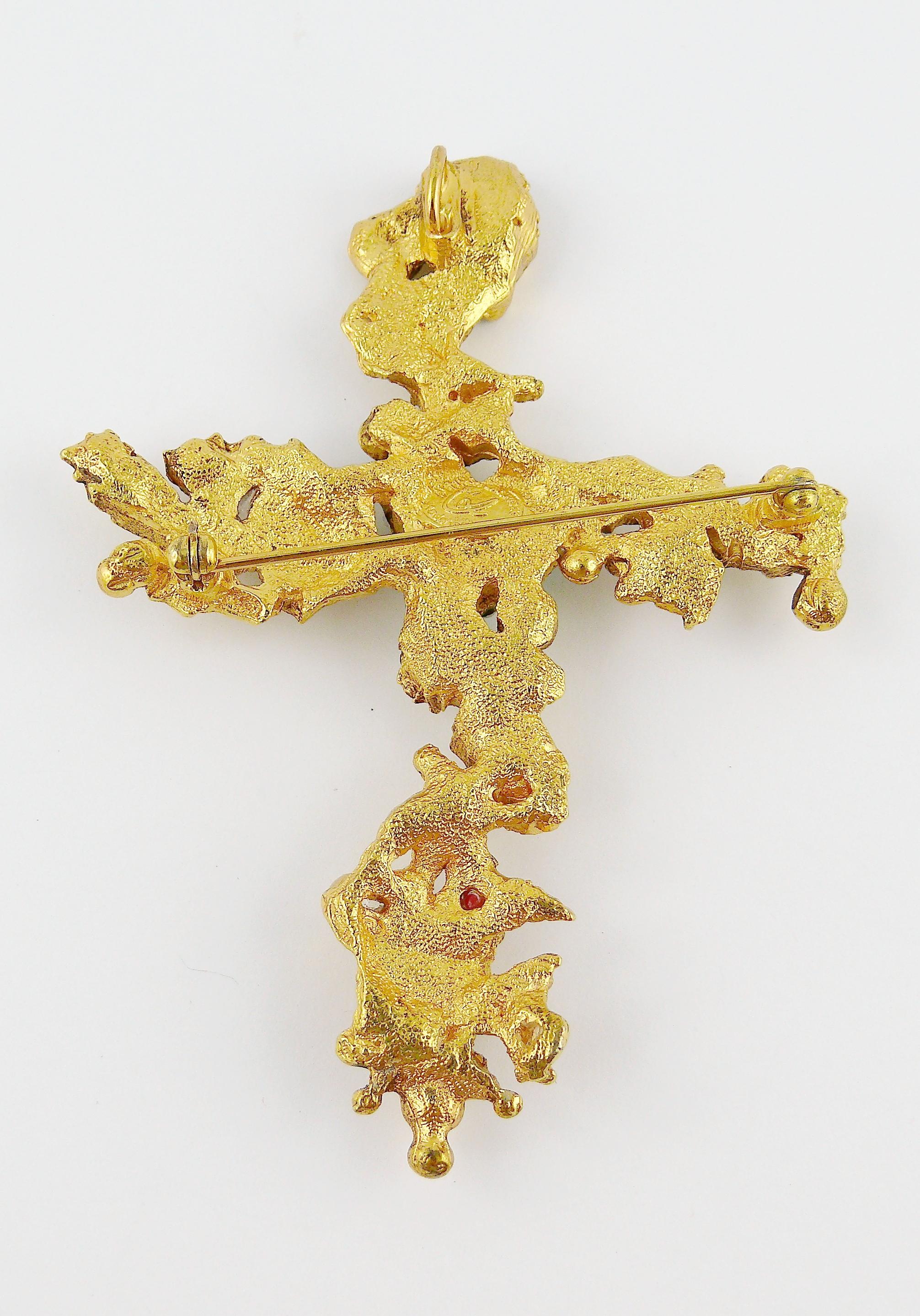 Christian Lacroix Vintage Gold Toned Jewelled Cross Pendant Necklace 7