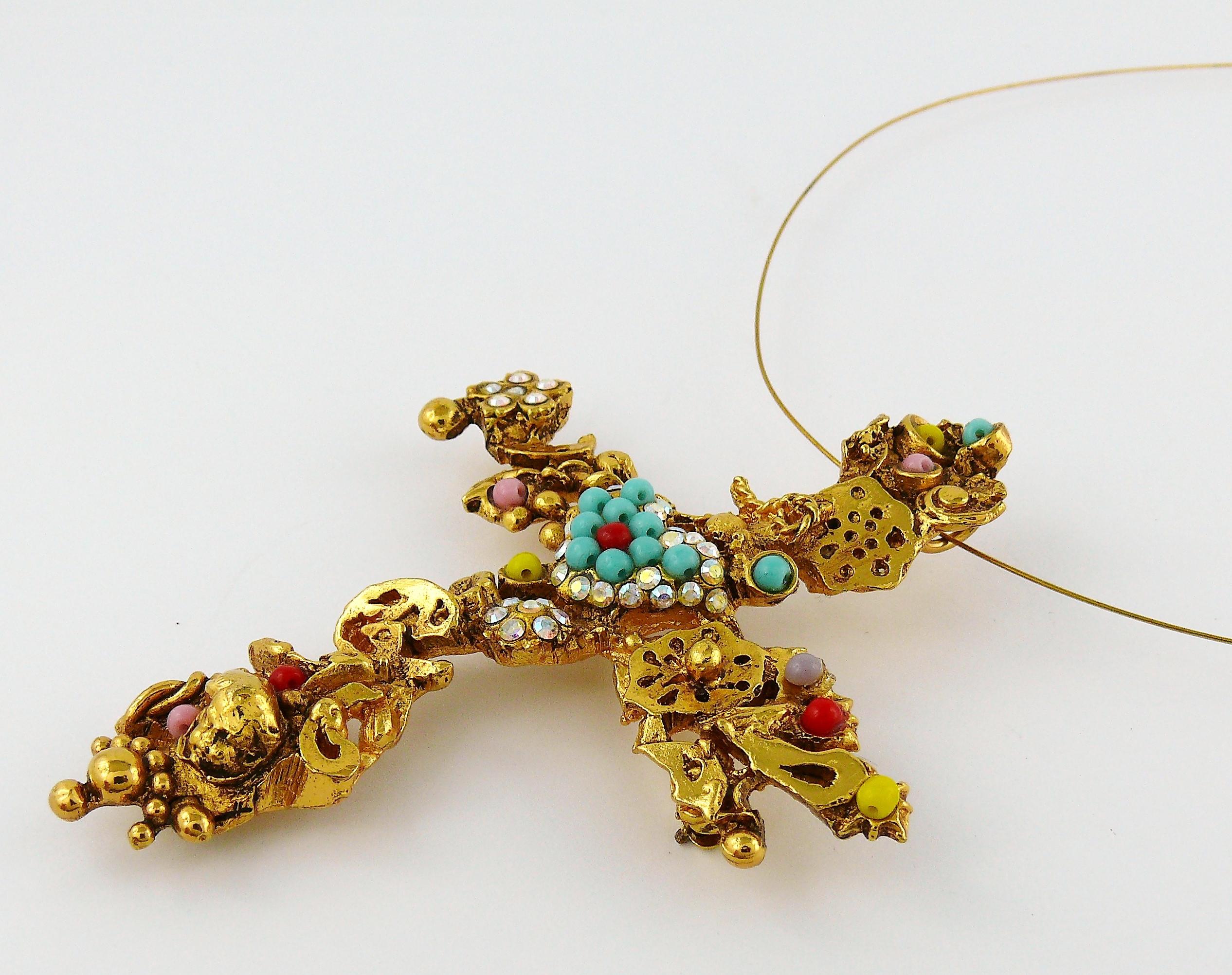 Christian Lacroix Vintage Gold Toned Jewelled Cross Pendant Necklace 1