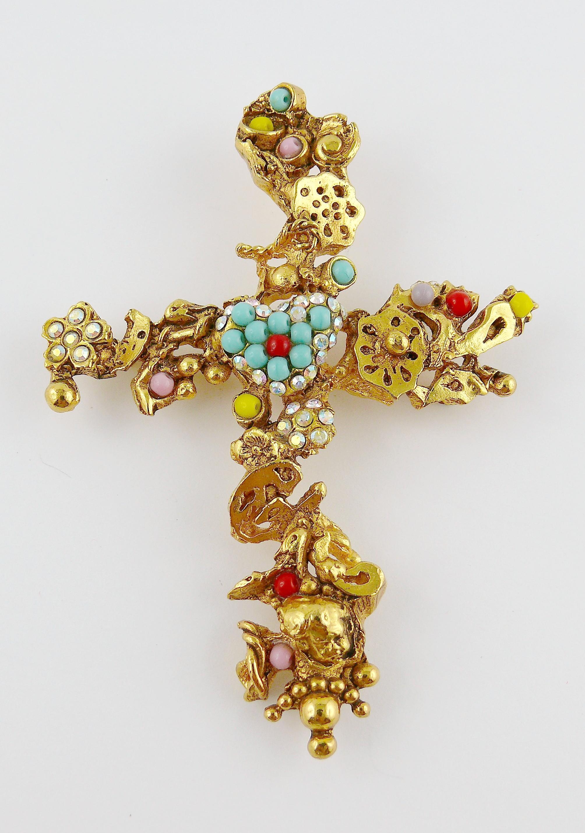 Christian Lacroix Vintage Gold Toned Jewelled Cross Pendant Necklace 4