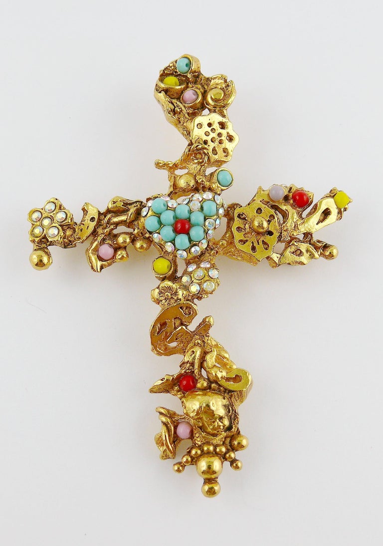 Christian Lacroix Vintage Gold Toned Jewelled Cross Pendant Necklace at