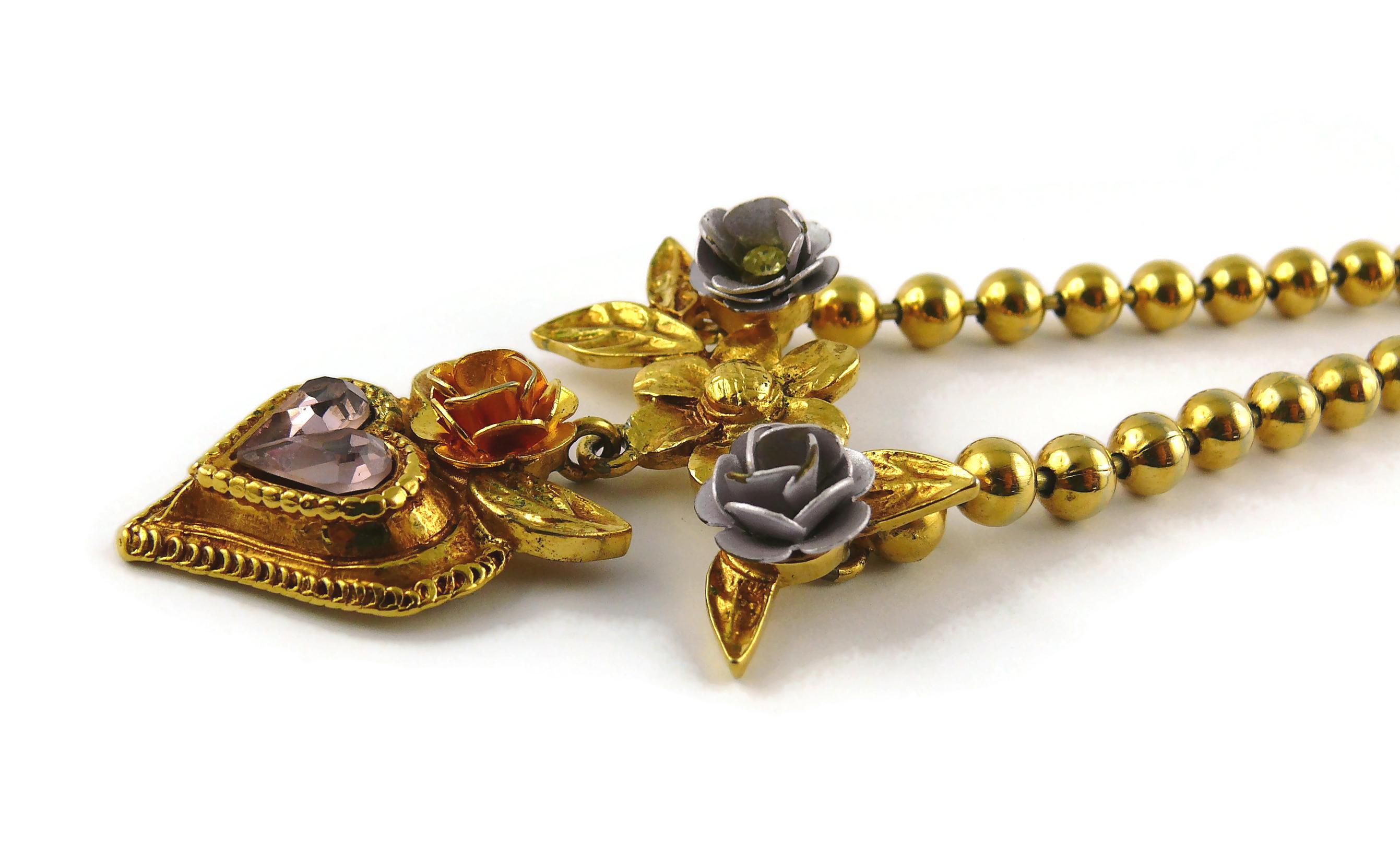 Christian Lacroix Vintage Gold Toned Jewelled Floral Heart Pendant Necklace For Sale 4