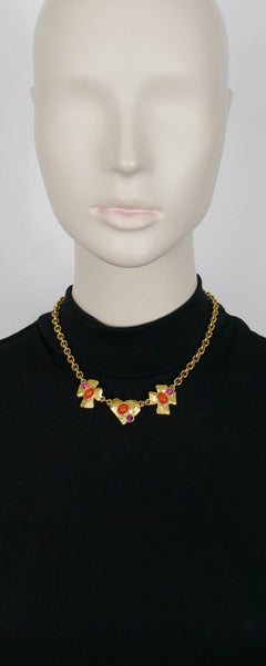 Christian Lacroix Vintage Gold Toned Jewelled Heart Cross Necklace
