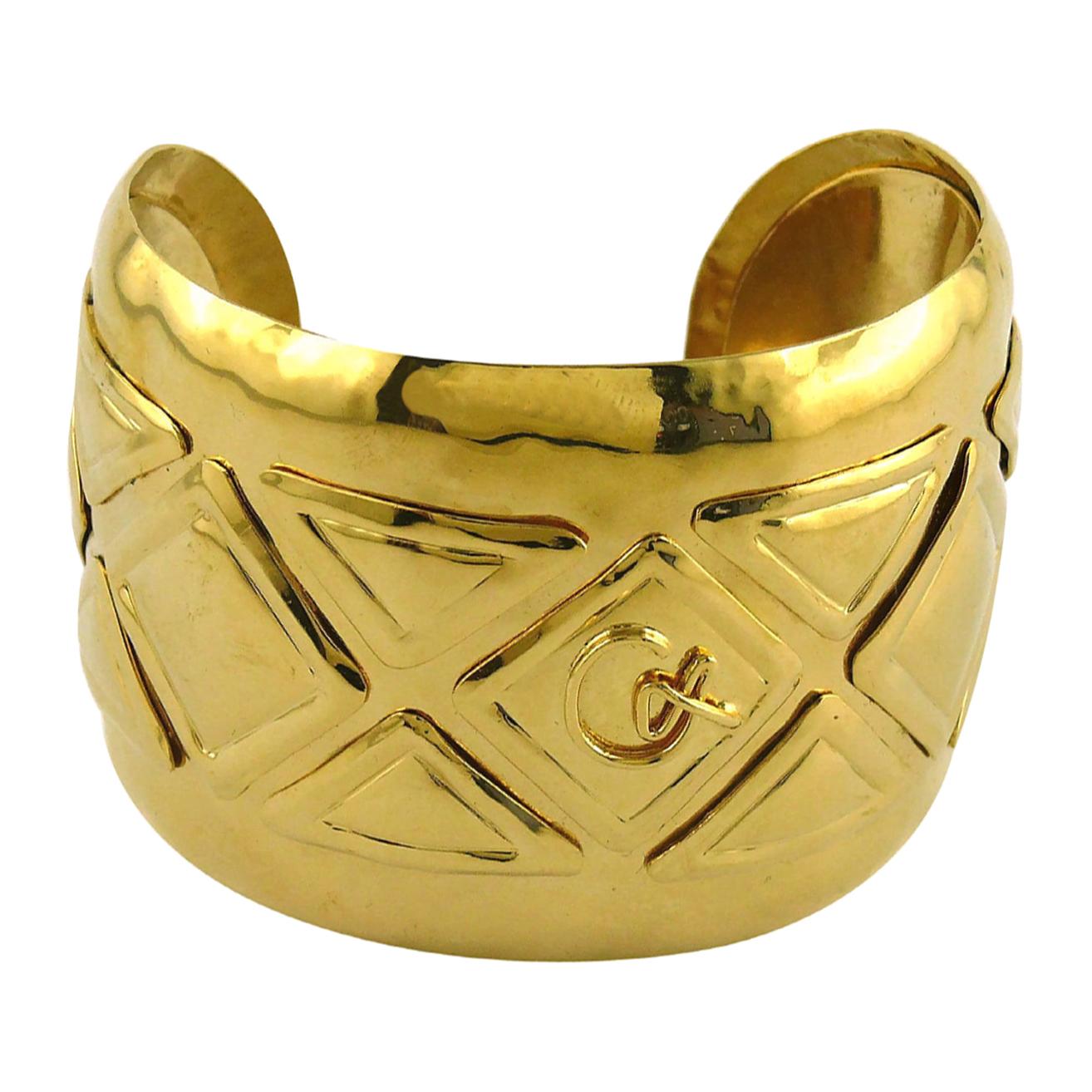 Christian Lacroix Vintage Gold Toned Logo Cuff Bracelet