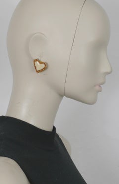 Christian Lacroix Vintage Gold Toned & Off White Enamel Heart Clip-On Earrings