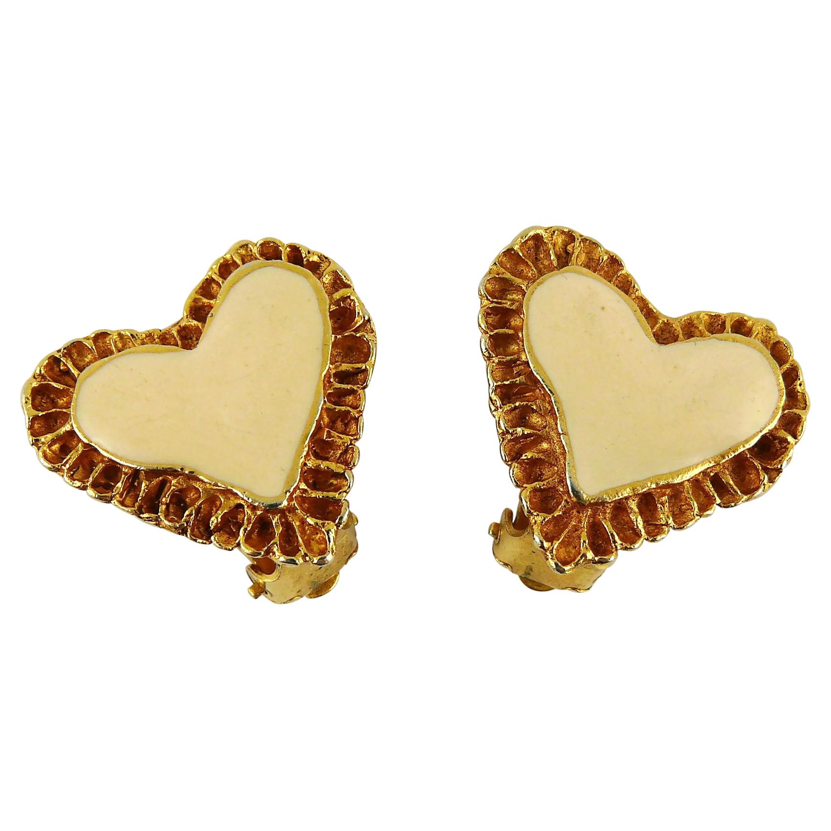 Christian Lacroix Vintage Gold Toned & Off White Enamel Heart Clip-On Earrings For Sale