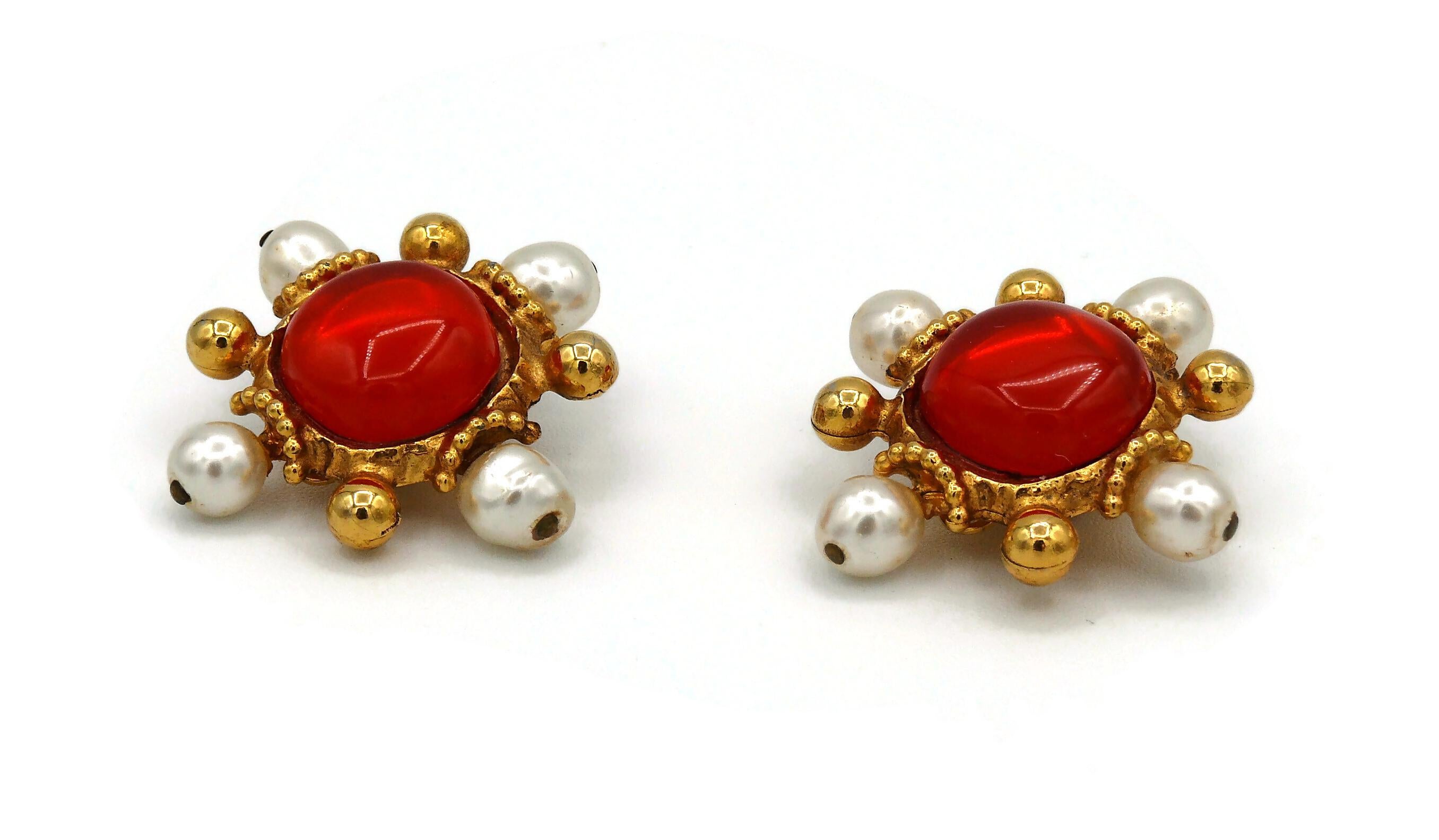 Christian Lacroix Vintage Gold Toned Orange Resin Cabochon Clip-On Earrings For Sale 3