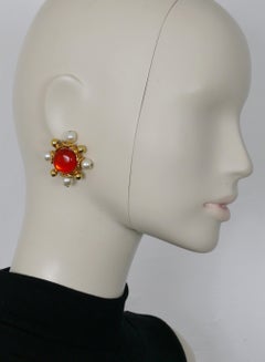 Christian Lacroix Vintage Gold Toned Orange Resin Cabochon Clip-On Earrings