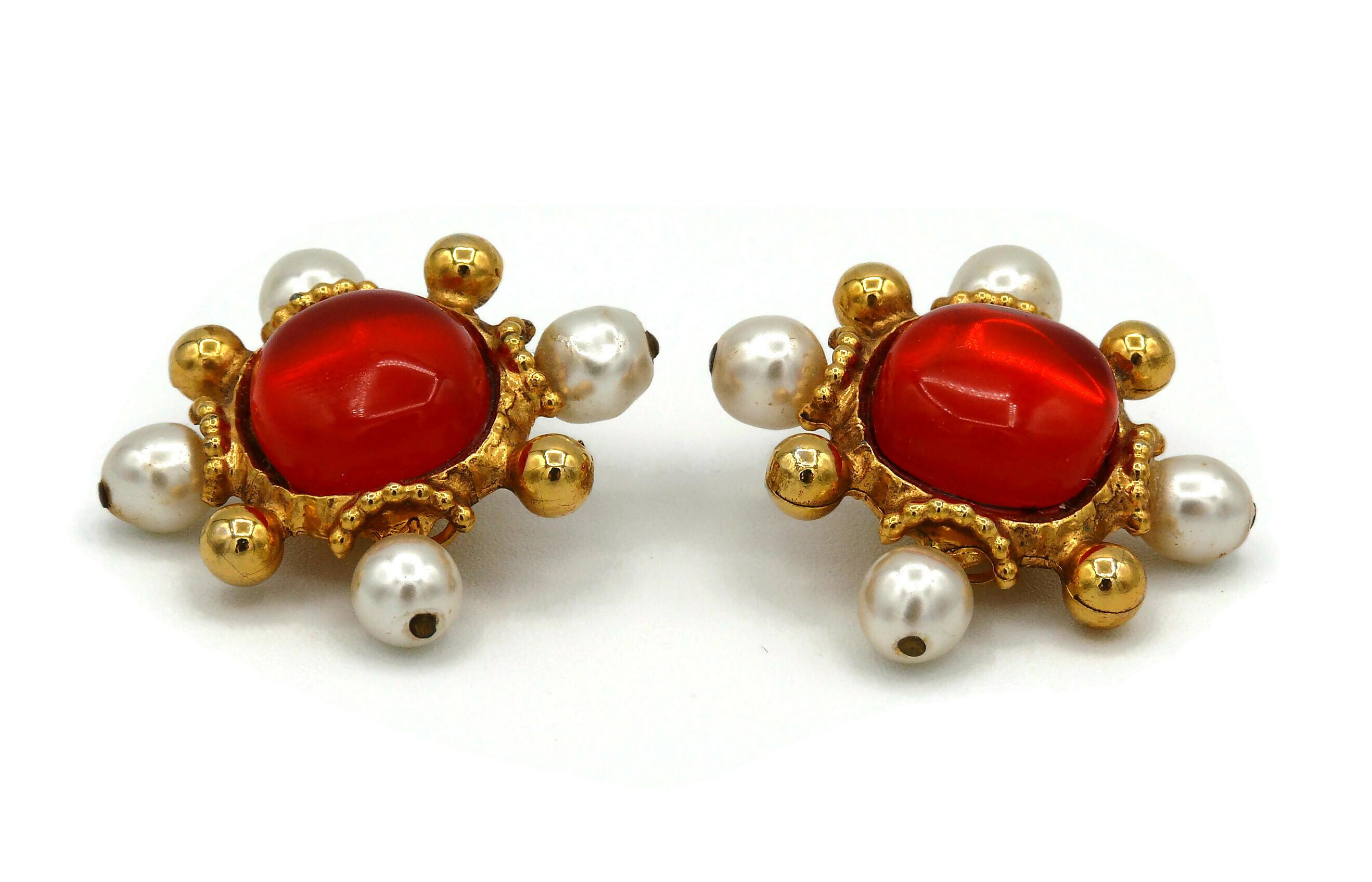 Women's Christian Lacroix Vintage Gold Toned Orange Resin Cabochon Clip-On Earrings For Sale