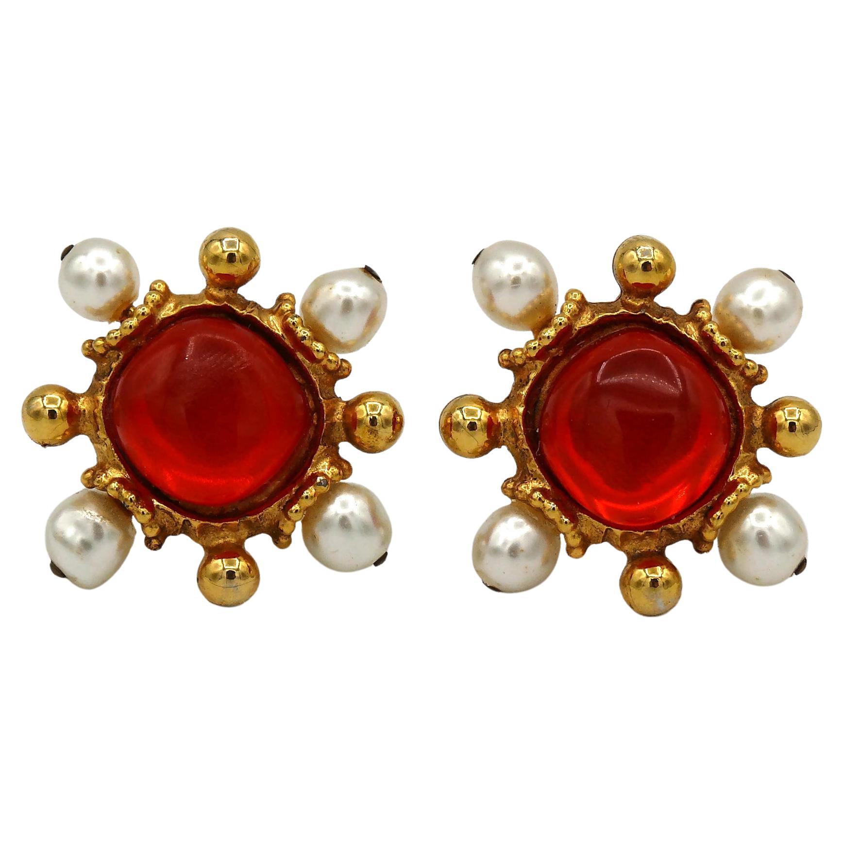Christian Lacroix Vintage Gold Toned Orange Resin Cabochon Clip-On Earrings For Sale