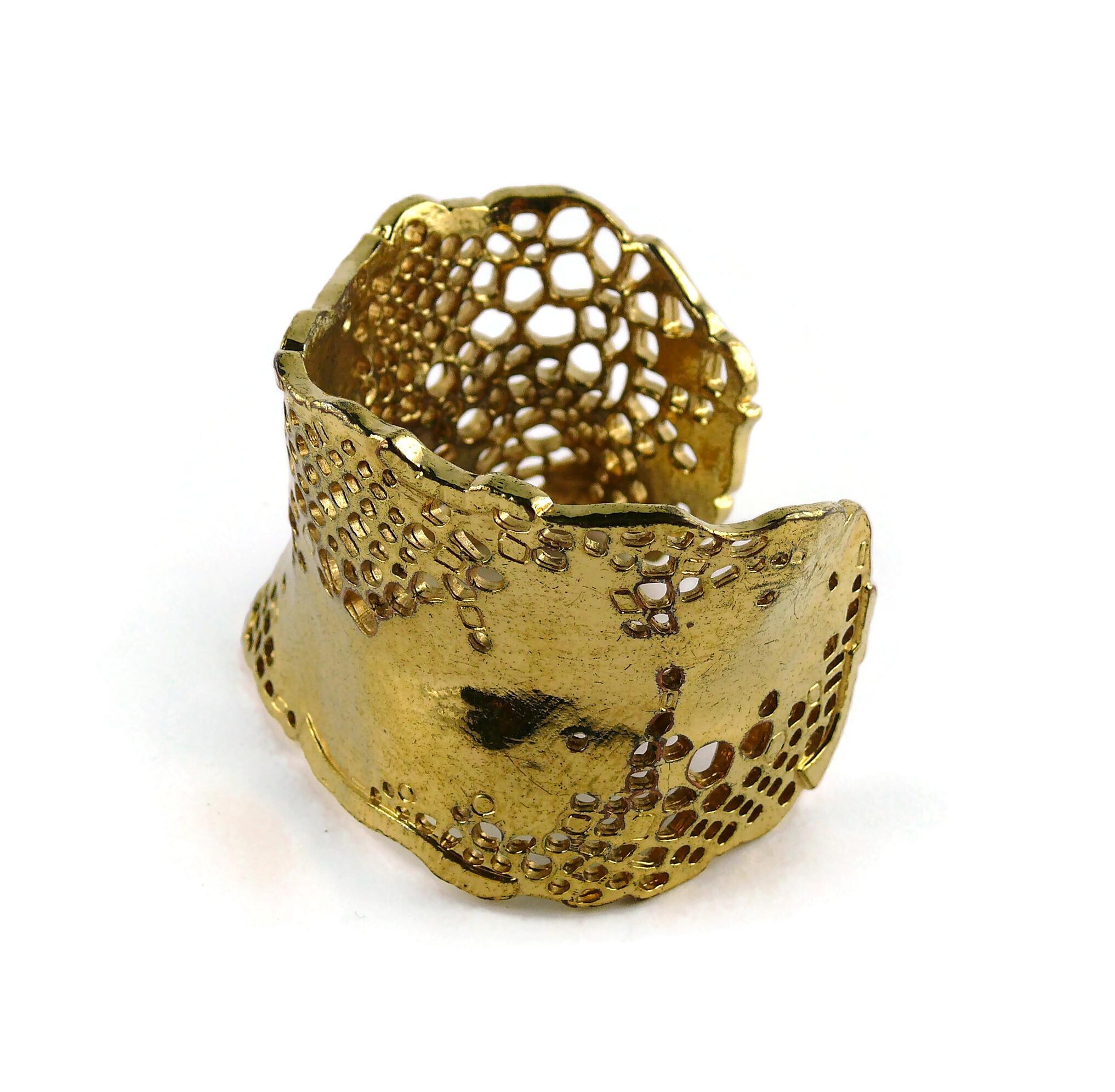 Christian Lacroix Vintage Gold Toned Perforated Cuff Bracelet For Sale 1