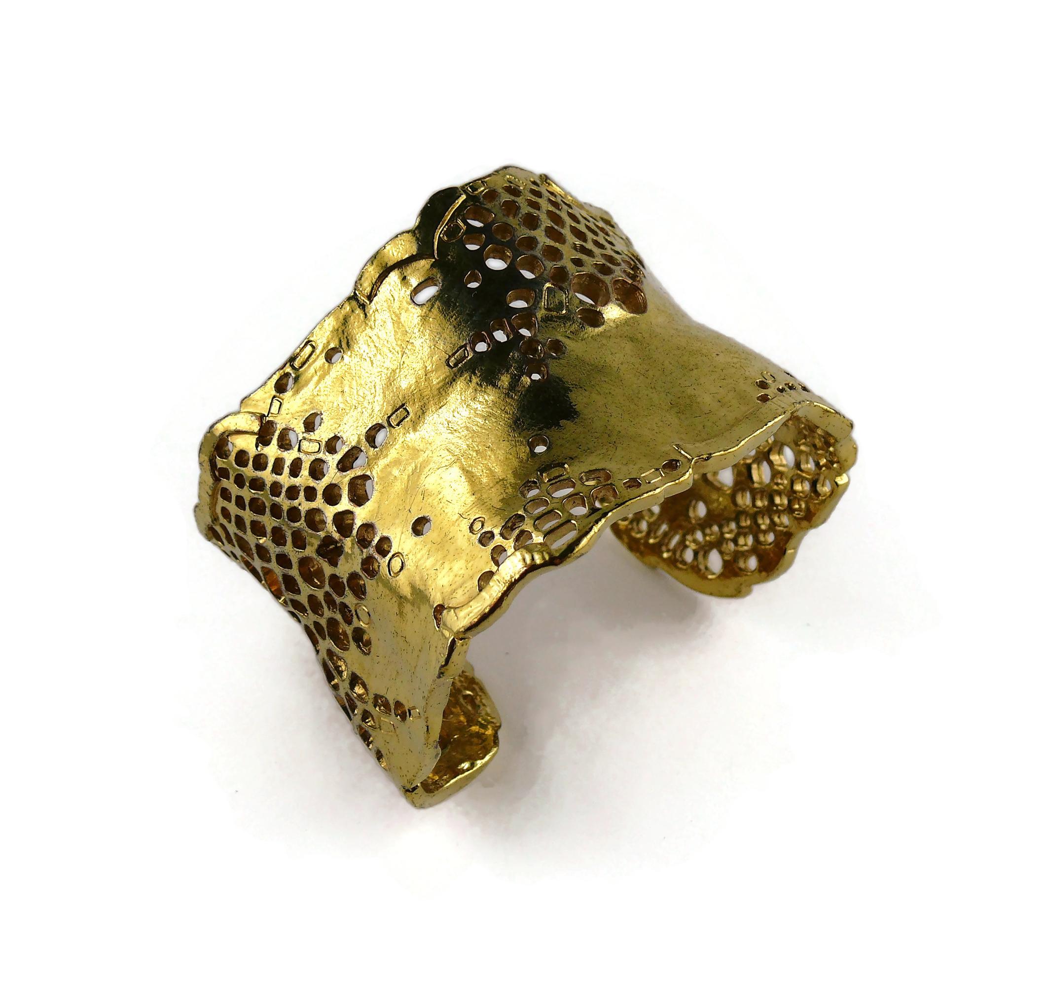 Christian Lacroix Vintage Gold Toned Perforated Cuff Bracelet For Sale 3