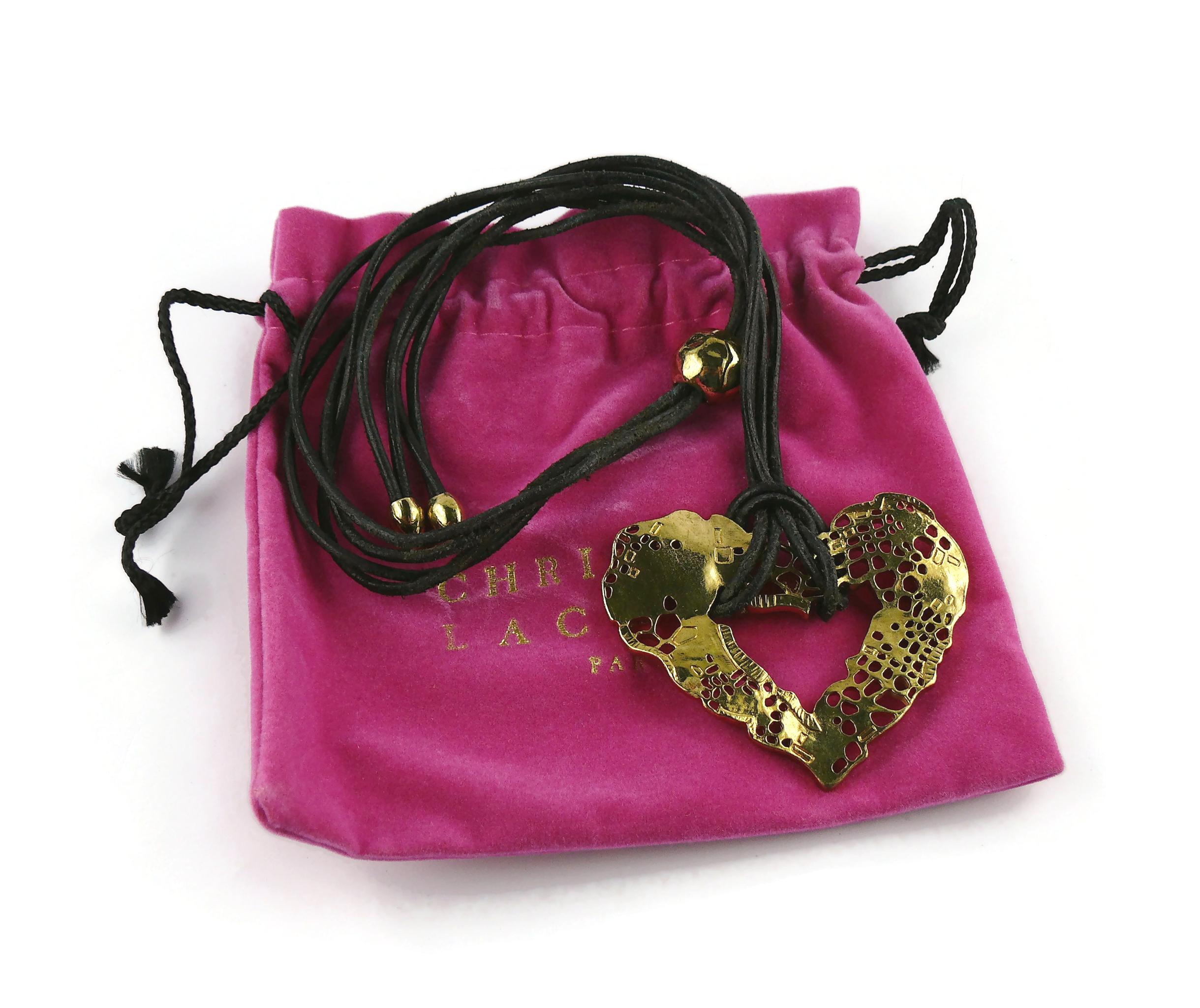 Christian Lacroix Vintage Gold Toned Perforated Heart Pendant Necklace In Fair Condition For Sale In Nice, FR