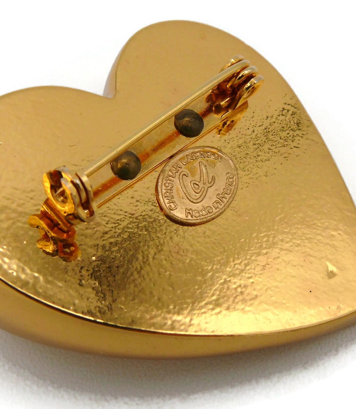 Christian Lacroix Vintage Gold Toned Resin Heart Brooch For Sale 2