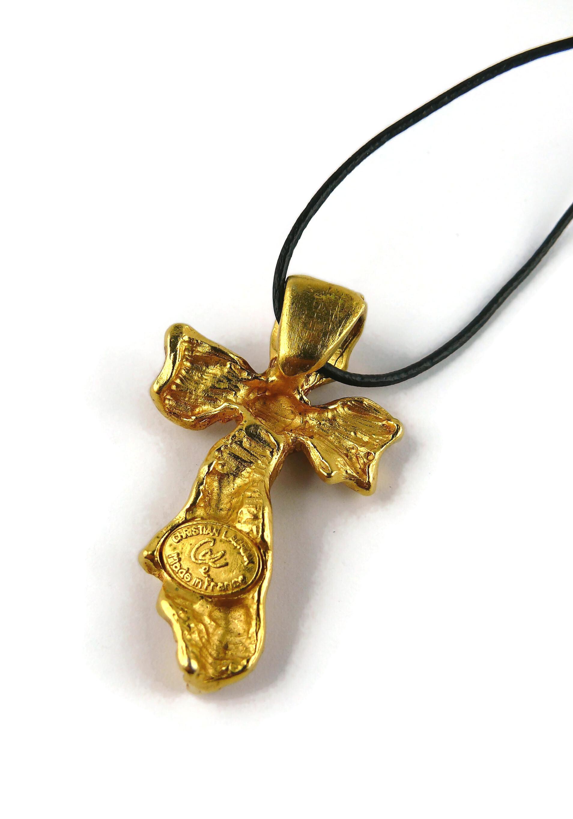 Christian Lacroix Vintage Gold Toned Ribbon Cross Pendant 3