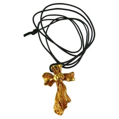 Christian Lacroix Vintage Gold Toned Ribbon Cross Pendant