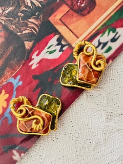 Christian Lacroix Vintage Green Red Heart Love Swirl Vine Patchwork Earrings