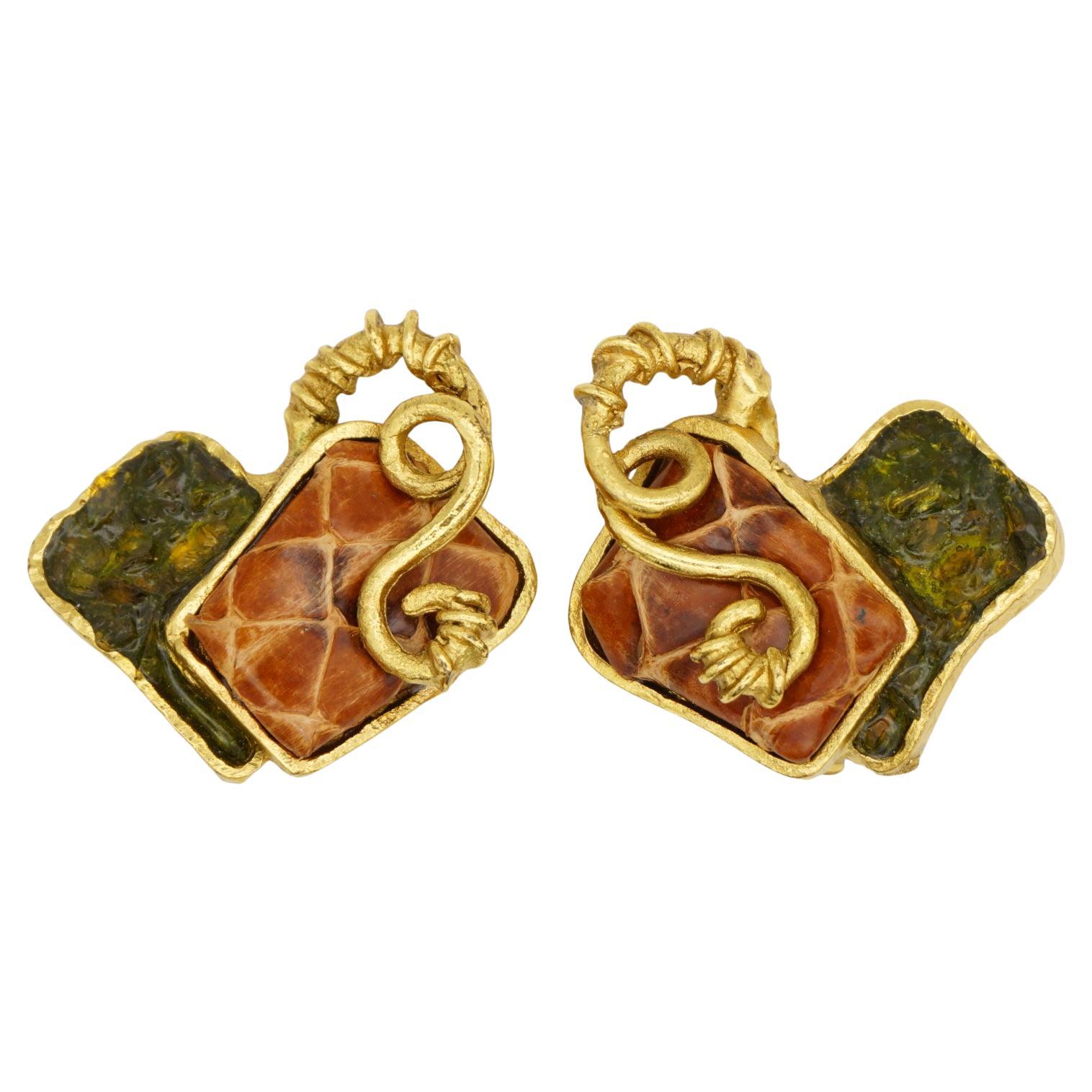Christian Lacroix Vintage Green Red Heart Love Swirl Vine Patchwork Earrings For Sale