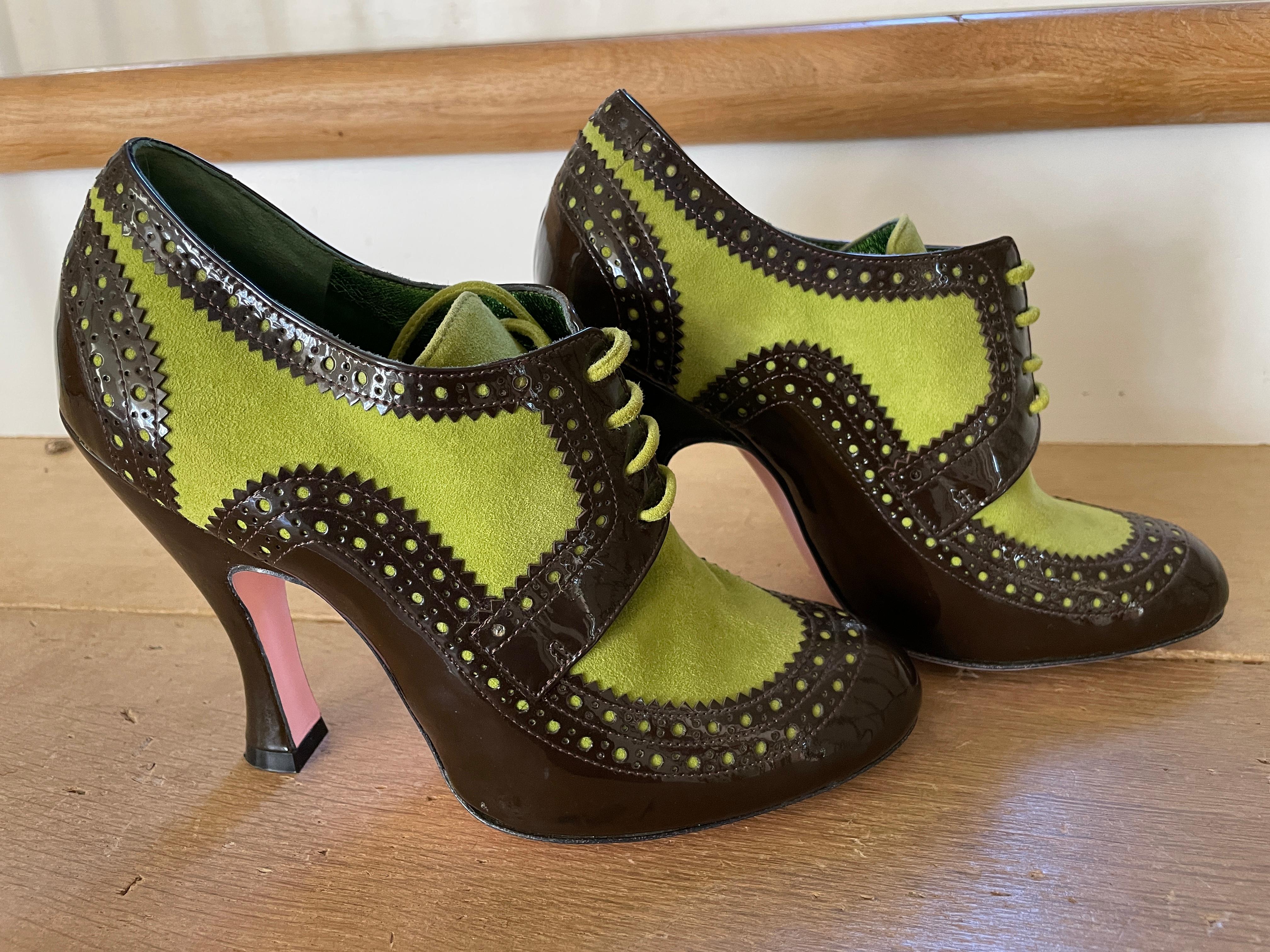 Black Christian Lacroix Vintage Green Suede and Patent Leather Spectator Pumps