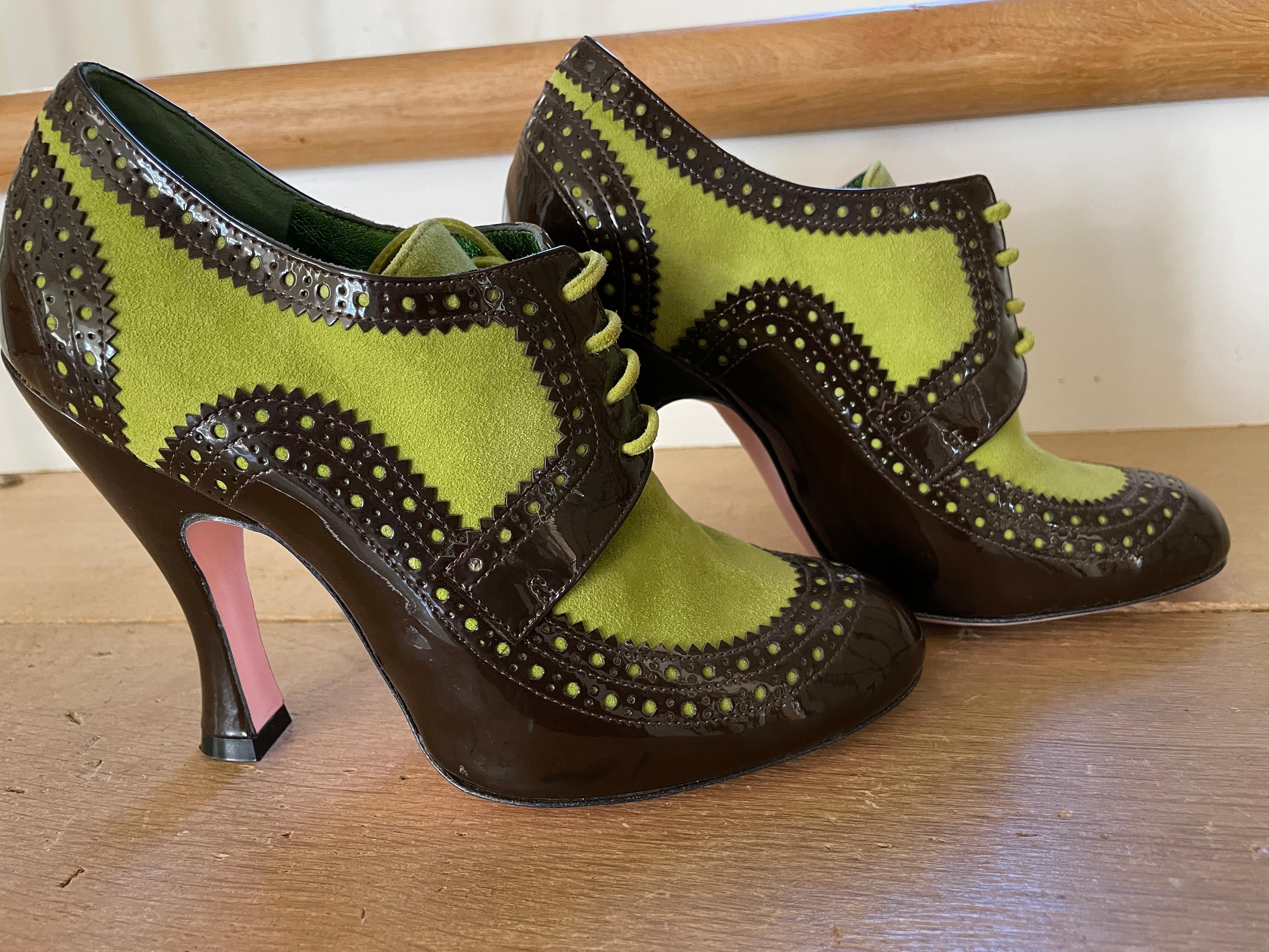 Women's Christian Lacroix Vintage Green Suede and Patent Leather Spectator Pumps