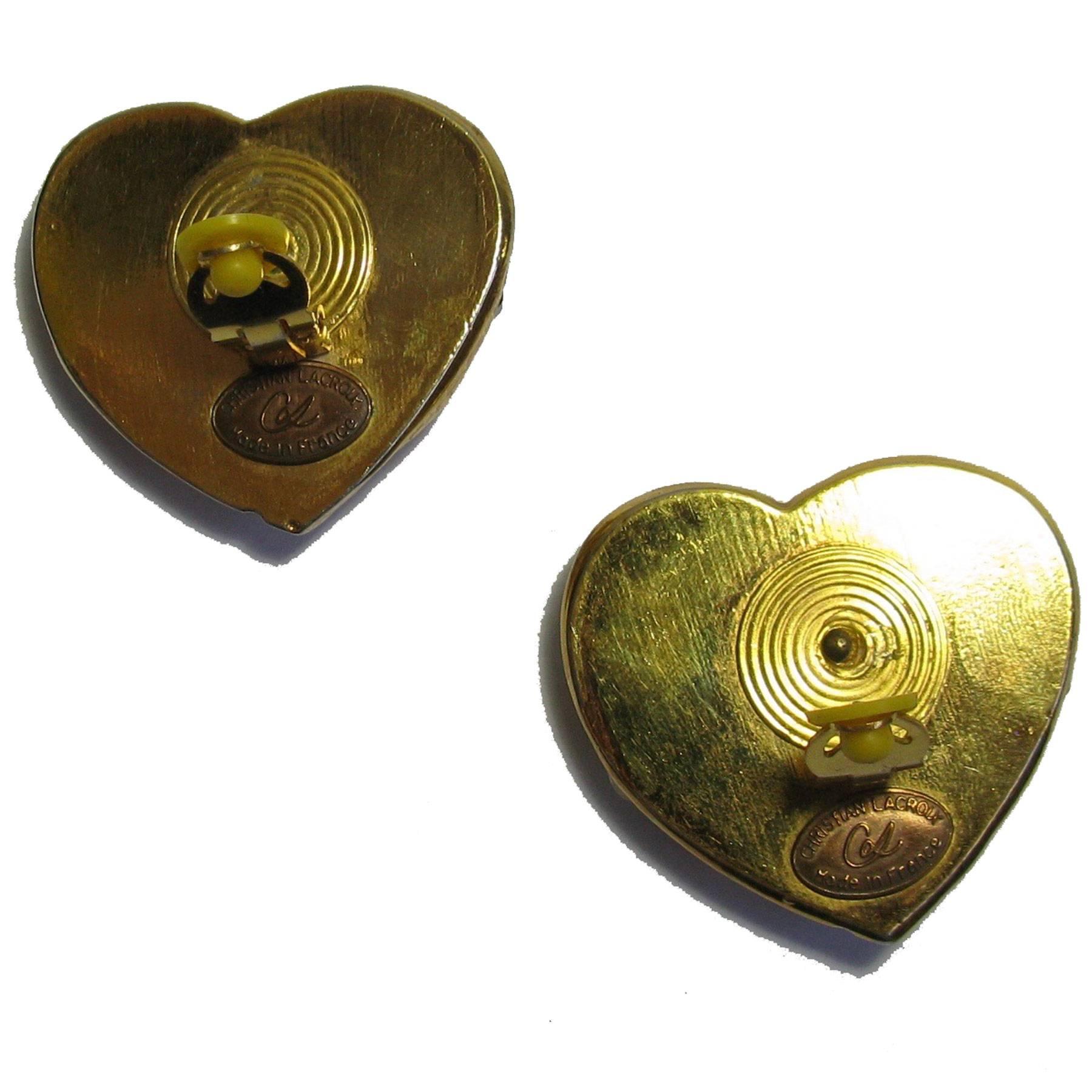 Women's CHRISTIAN LACROIX Vintage Heart Clip-on Earrings in Gilt Metal and rhinestones