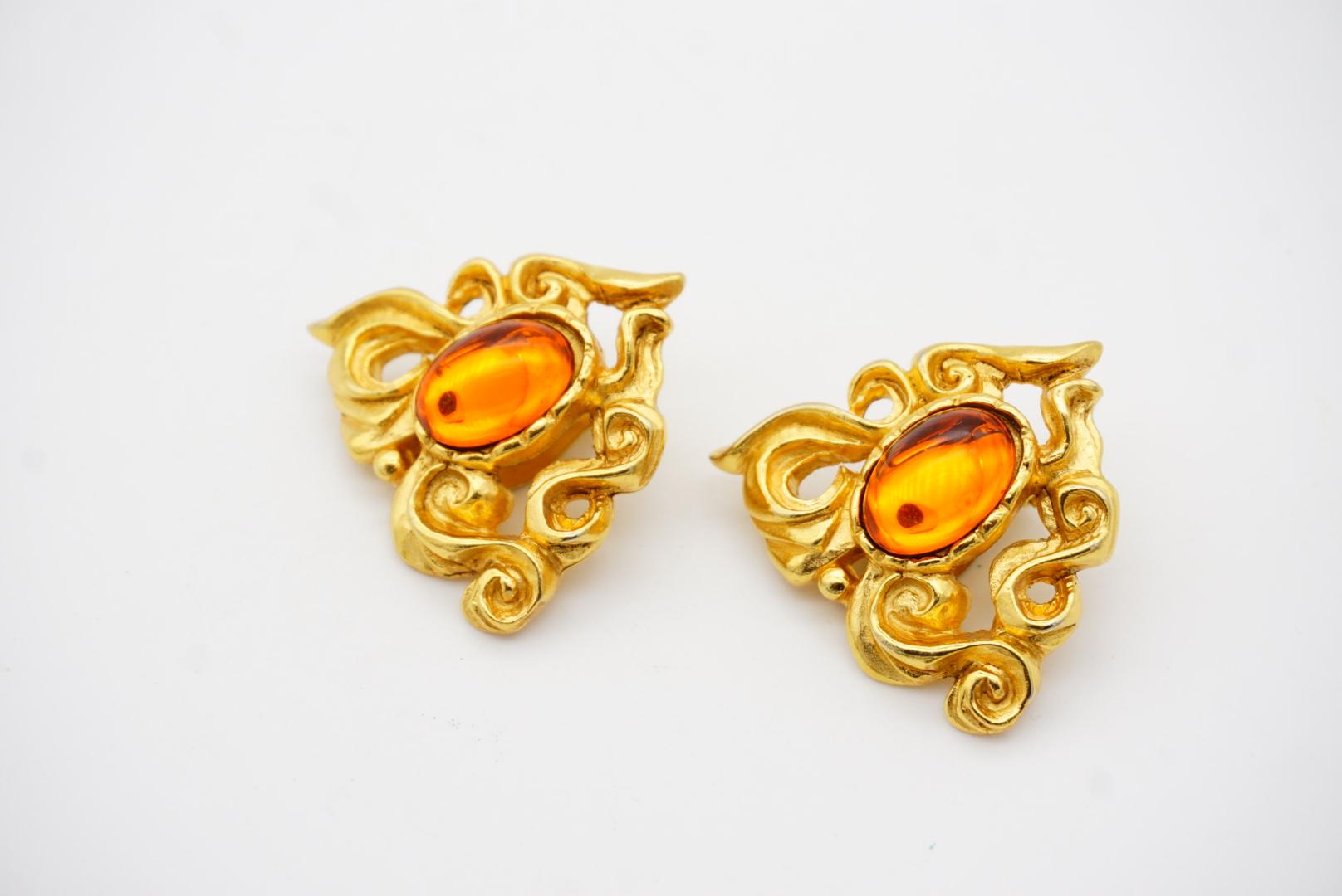 Christian Lacroix Vintage Heart Oval Citrine Orange Cabochon Openwork Earrings For Sale 5