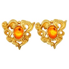 Christian Lacroix Vintage Heart Oval Citrine Orange Cabochon Openwork Earrings
