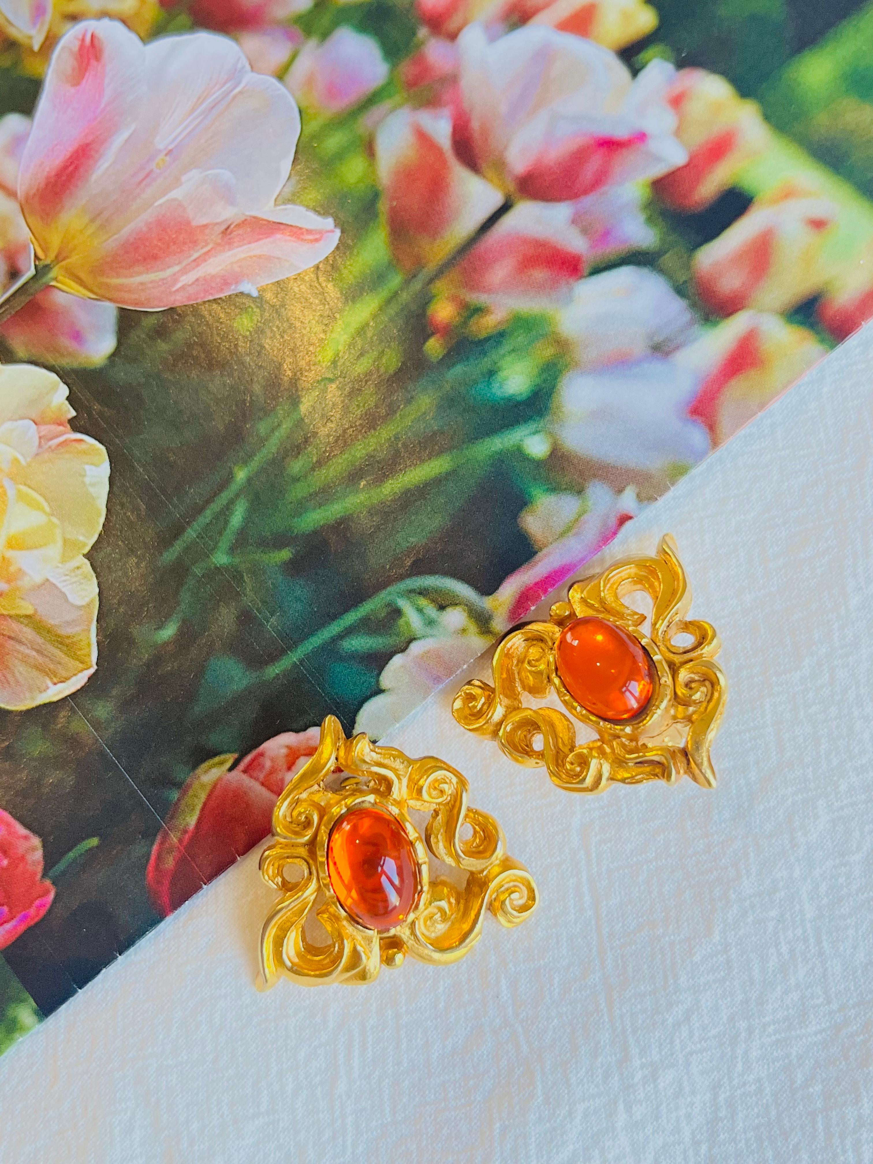 Art Deco Christian Lacroix Vintage Heart Oval Citrine Orange Cabochon Openwork Earrings For Sale