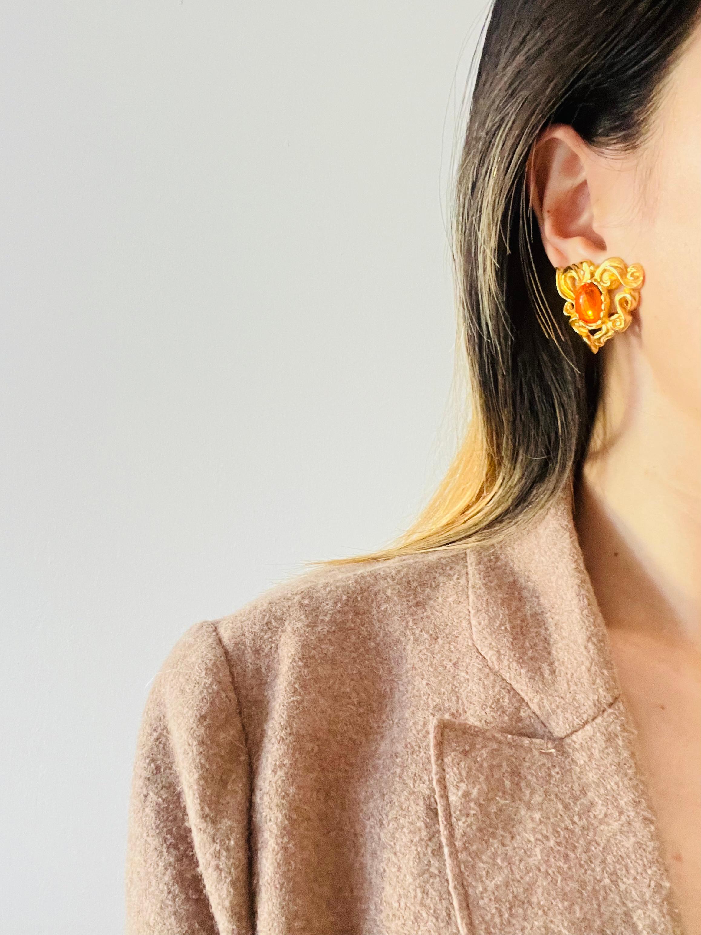 Christian Lacroix Vintage Heart Oval Citrine Orange Cabochon Openwork Earrings For Sale 3