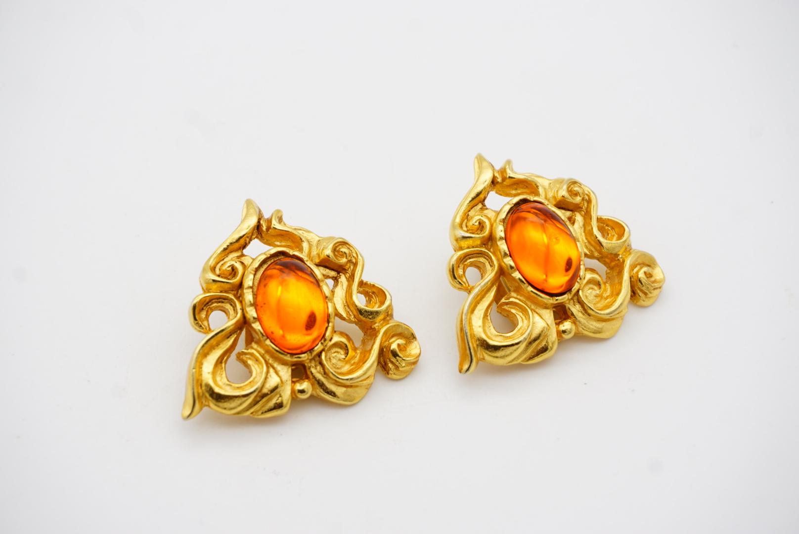 Christian Lacroix Vintage Heart Oval Citrine Orange Cabochon Openwork Earrings For Sale 4