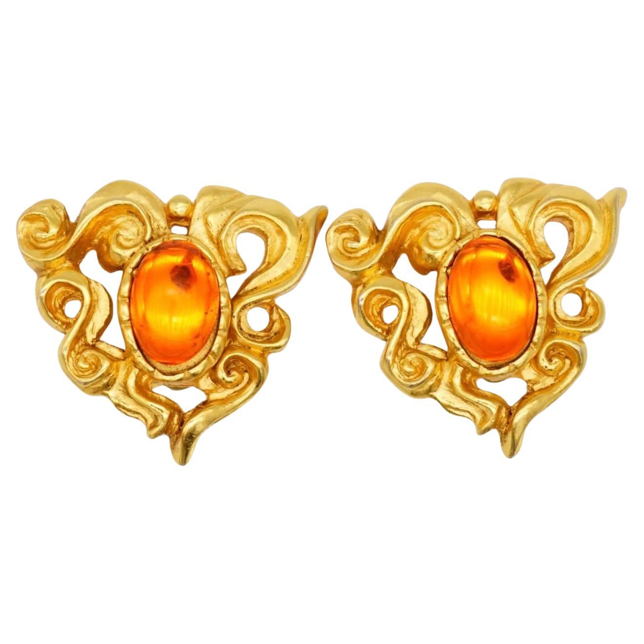 Christian Lacroix Vintage Heart Oval Citrine Orange Cabochon Openwork Earrings